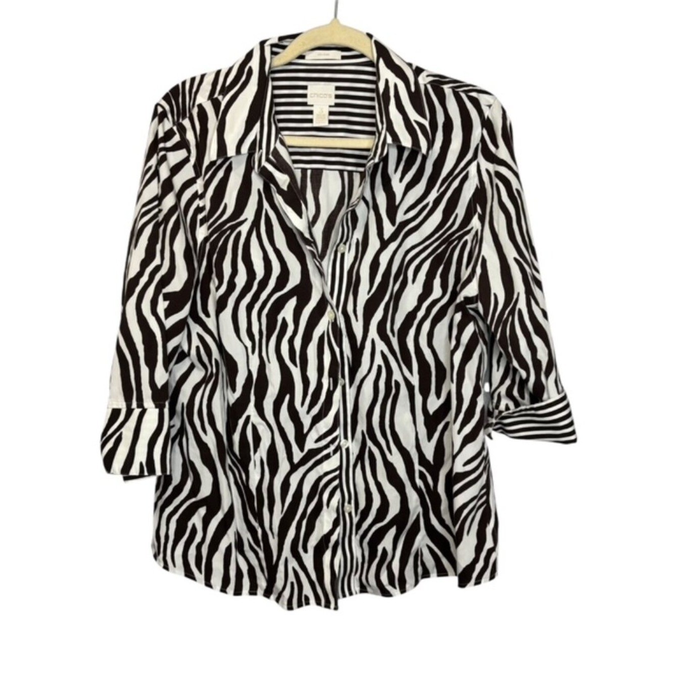 Chico\'s Blouse Women\'s XL No Iron Button Down Stripes Zebra Brown White Chicos 3 Chico\'s Blouse Women\'s XL No Iron Button Down Stripes Zebra Brown White Chicos 3