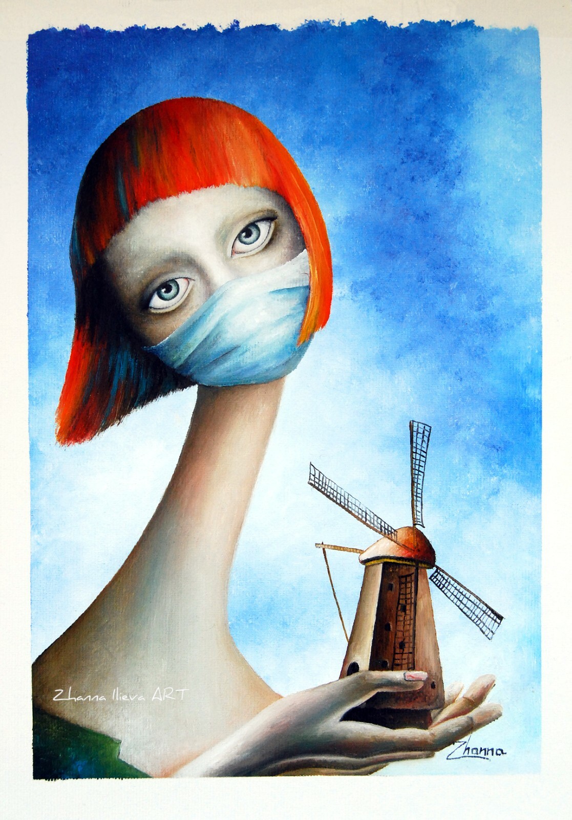Original oil painting Fantasy ART woman and windmill pop surrealism art OOAK