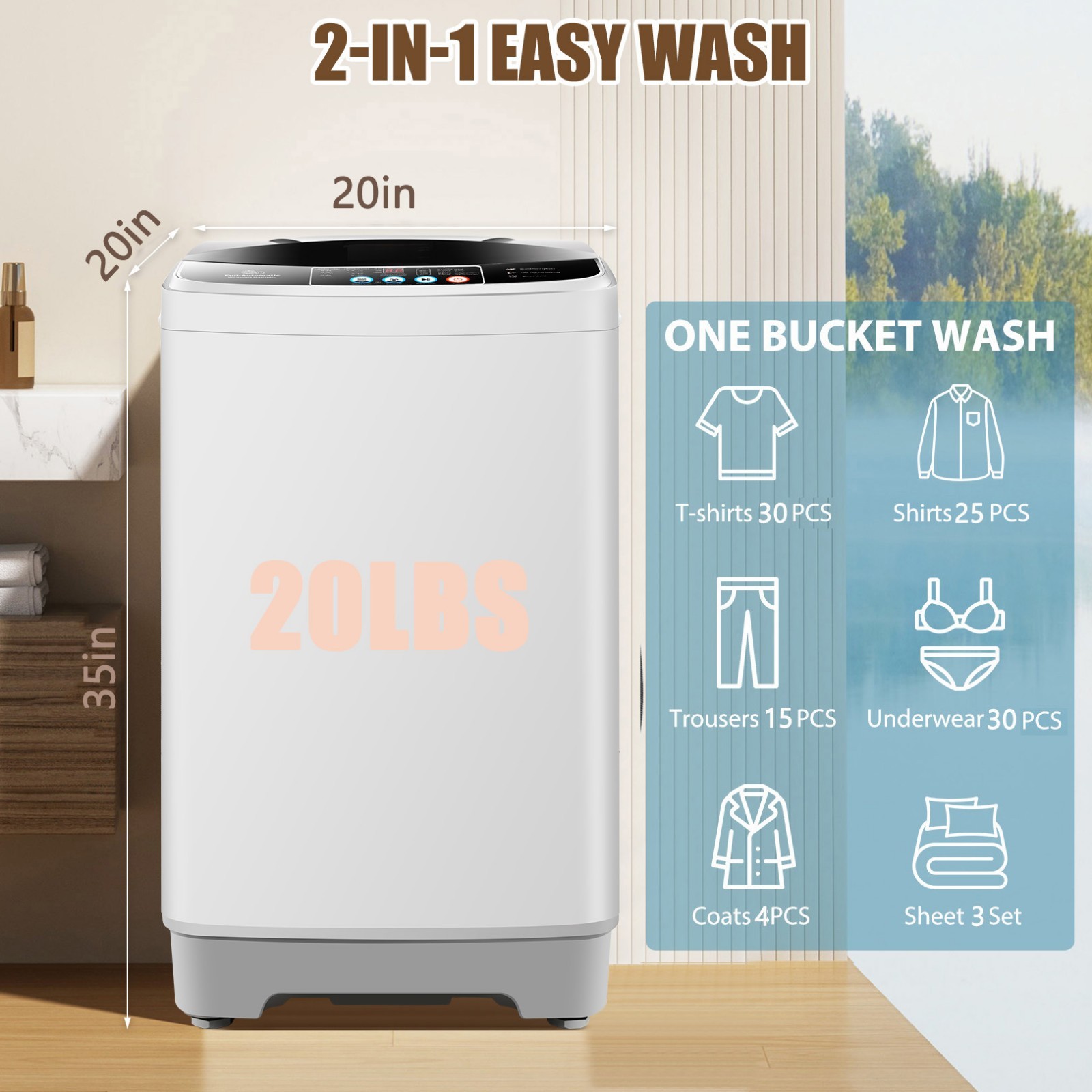 20lbs  Full Auto Washing Machine Washer Spin-dry Apartment 10 Programs Top Load