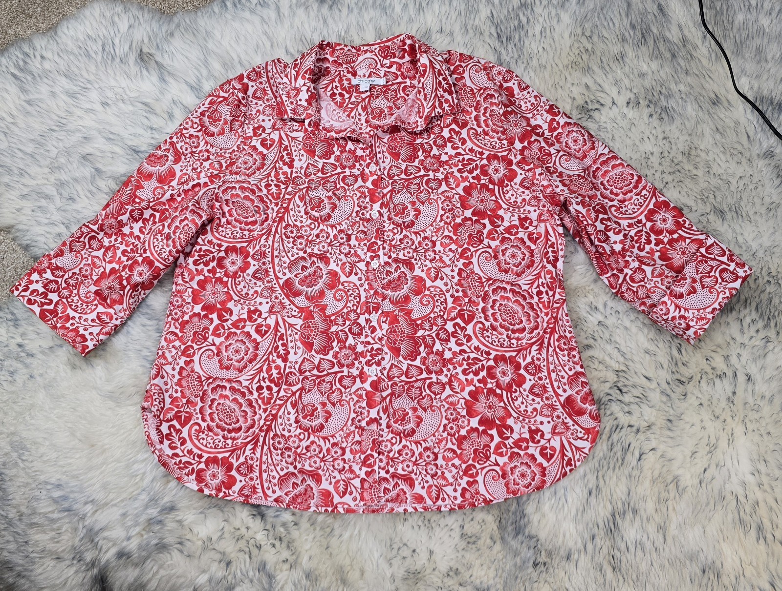 NWOT CHICO\'S NO- IRON BUTTON DOWN BLOUSE SHIRT FLORAL 3/4 SLEEVE  Sz 3 US 16