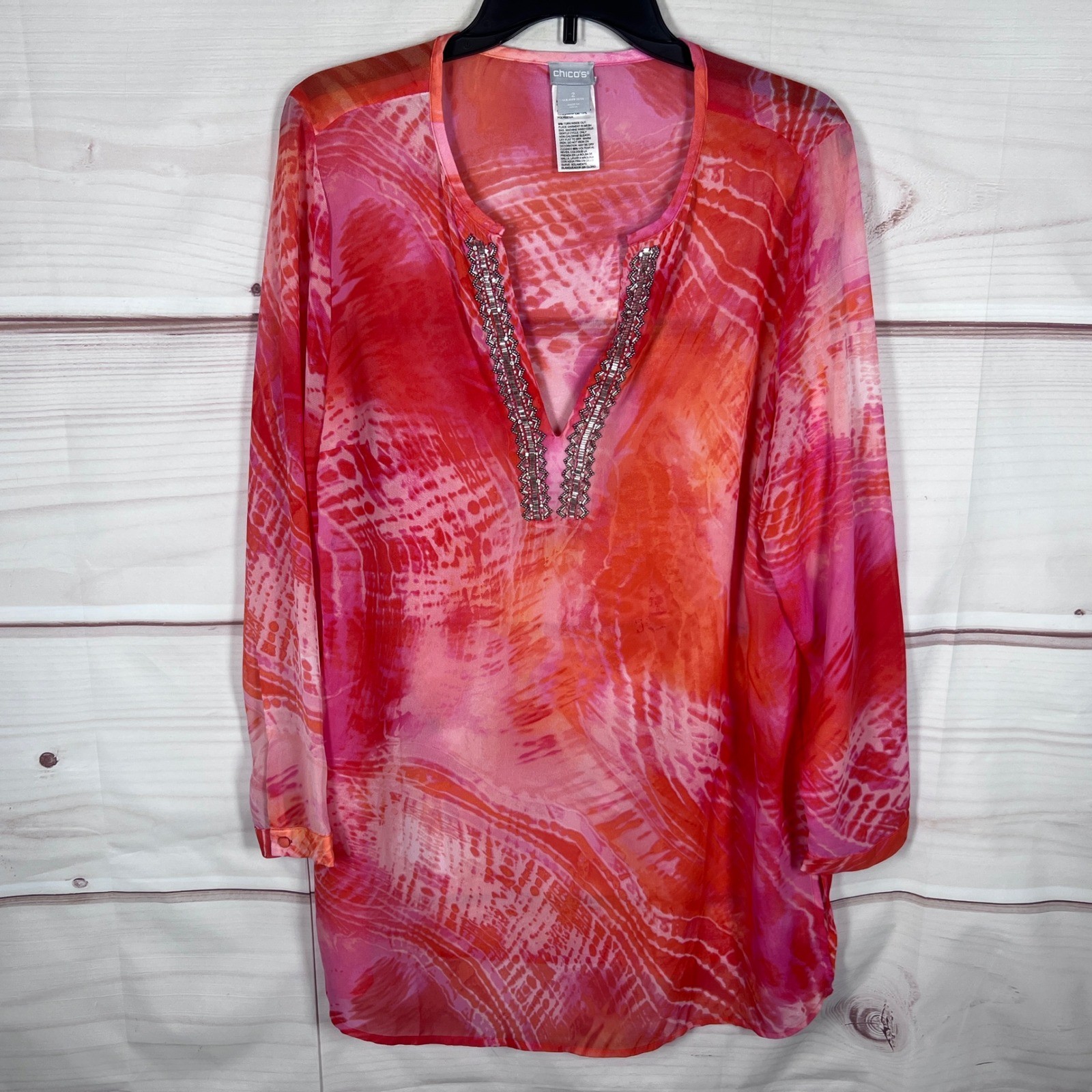 Chico\'s Beaded V-Neck Tunic Blouse Women 2 L Pink Abstract Sheer Long Sleeve Top