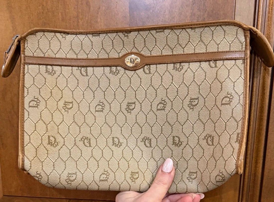Authentic Vintage Christian Dior Honeycomb Monogram Cosmetic Pouch -Beige Brown