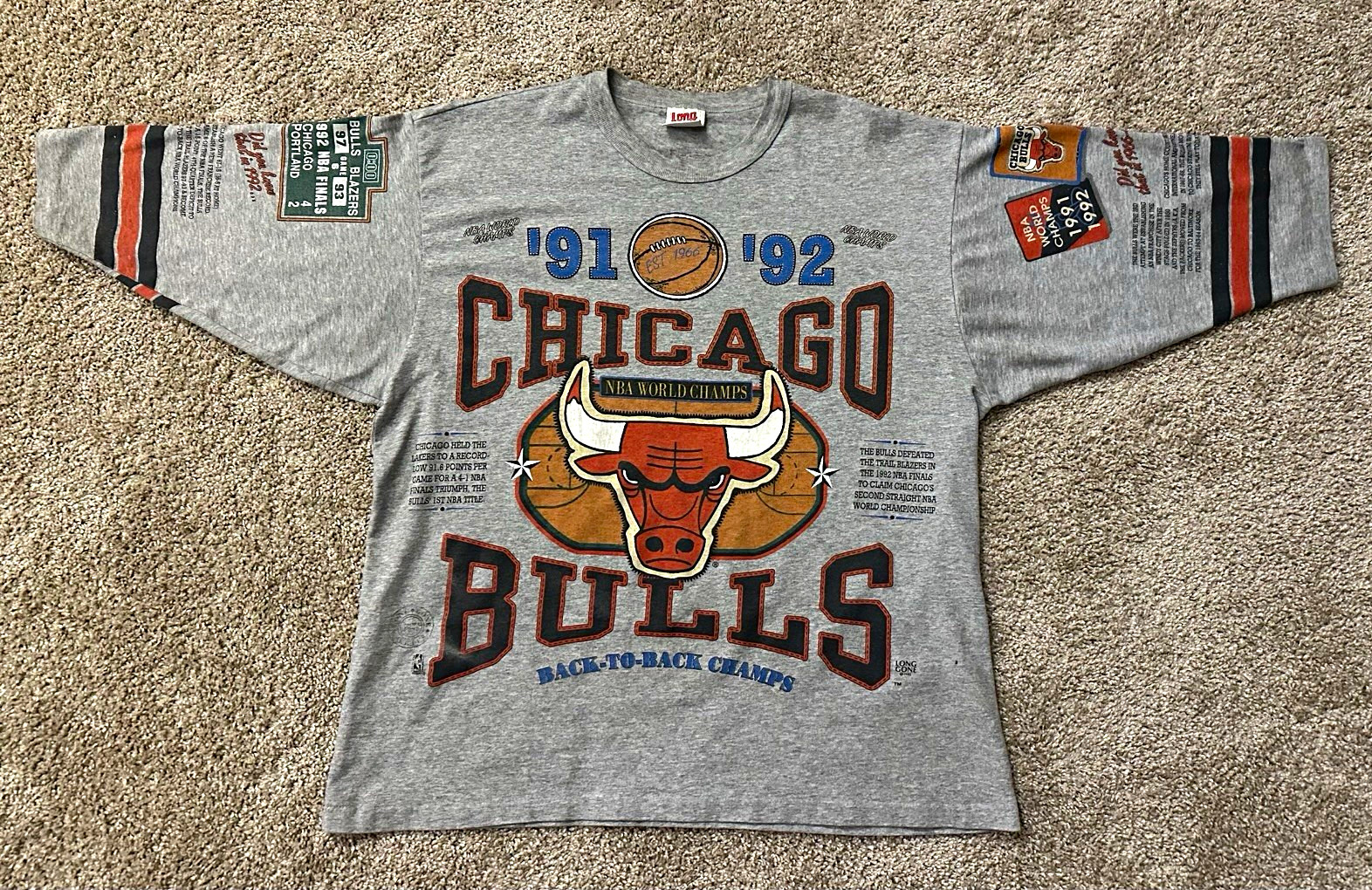 Vintage Long Gone 1992 Chicago Bulls ‘91 ‘92 Champs 3/4 Sleeve Shirt XL 