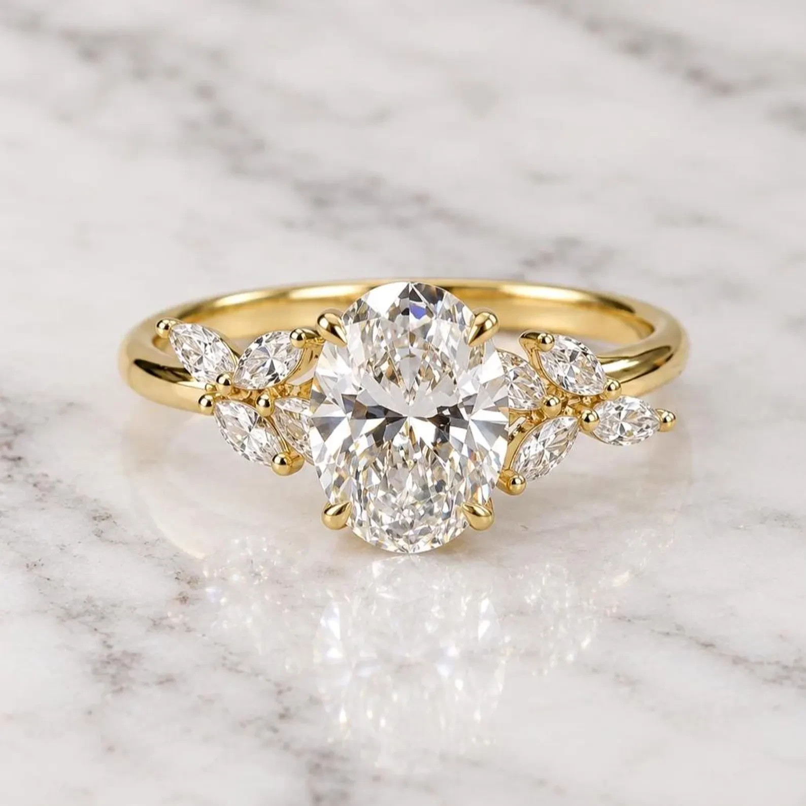 Elegant 5 Ct Oval Lab Diamond Marquise Side Stone Engagement Ring Solid 14K Gold