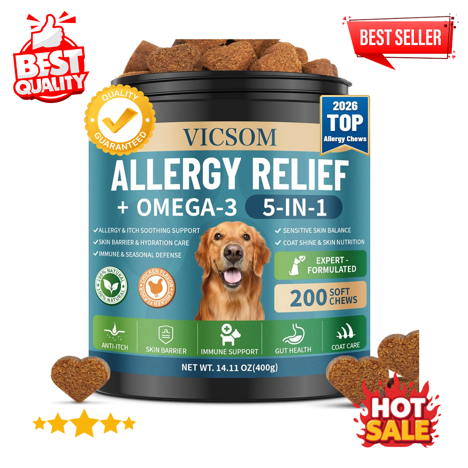 Dog Allergy Chews Omega 3 is Human, Dog Allergy Relief Itch Relief, 200 Chews An