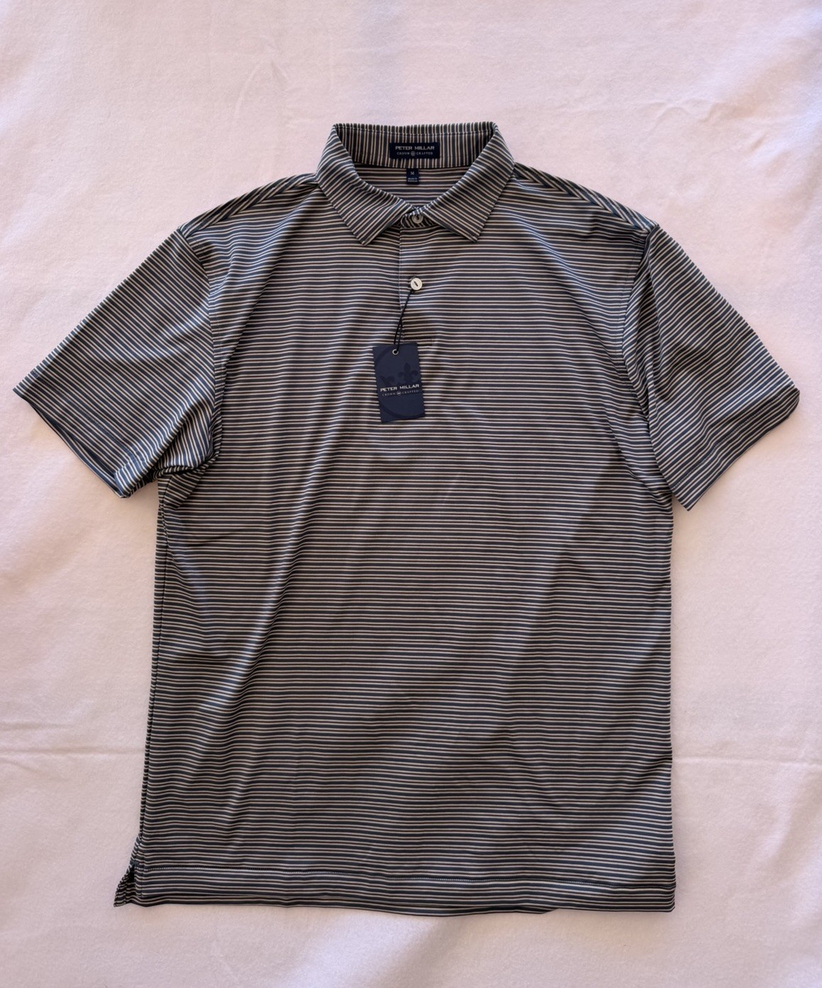 Peter Millar Mens Crown Crafted Striped Golf Shirt Size Medium Blue Striped NEW Peter Millar Mens Crown Crafted Striped Golf Shirt Size Medium Blue Striped NEW