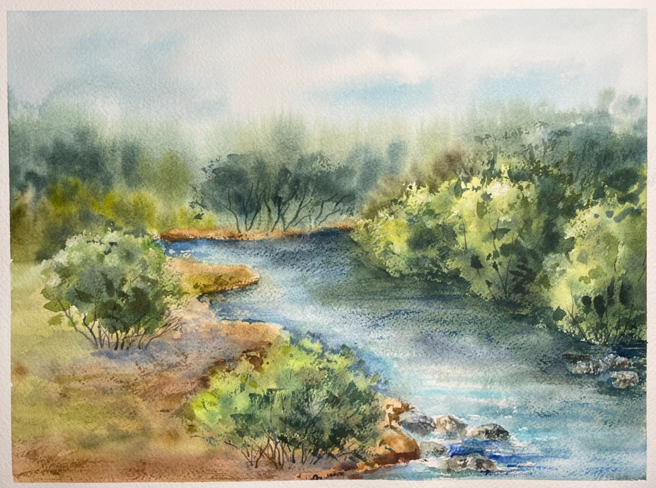 Original Watercolor Painting Landscape Nature River Summer Forest - 9x12 inches
