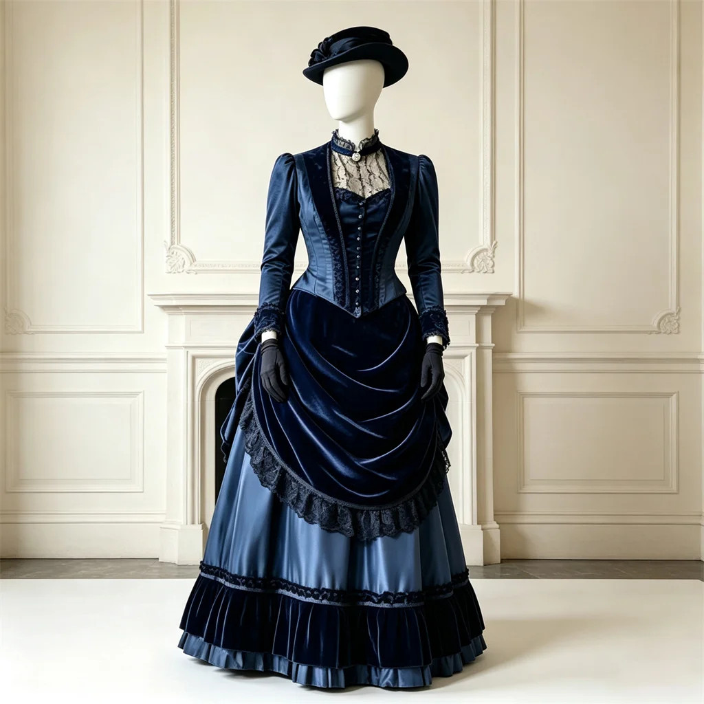 1880s Victorian Edwardian Long Tea Party Gown Bustle Navy Blue Velvet Dress