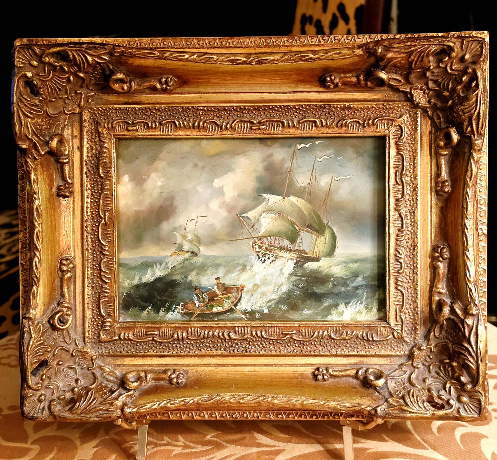 STUNNING FRAMED OIL ON BOARD OF WHALING SHIPS ON A STORMY SEA , 11.25L X 9.5''H STUNNING FRAMED OIL ON BOARD OF WHALING SHIPS ON A STORMY SEA , 11.25L X 9.5''H