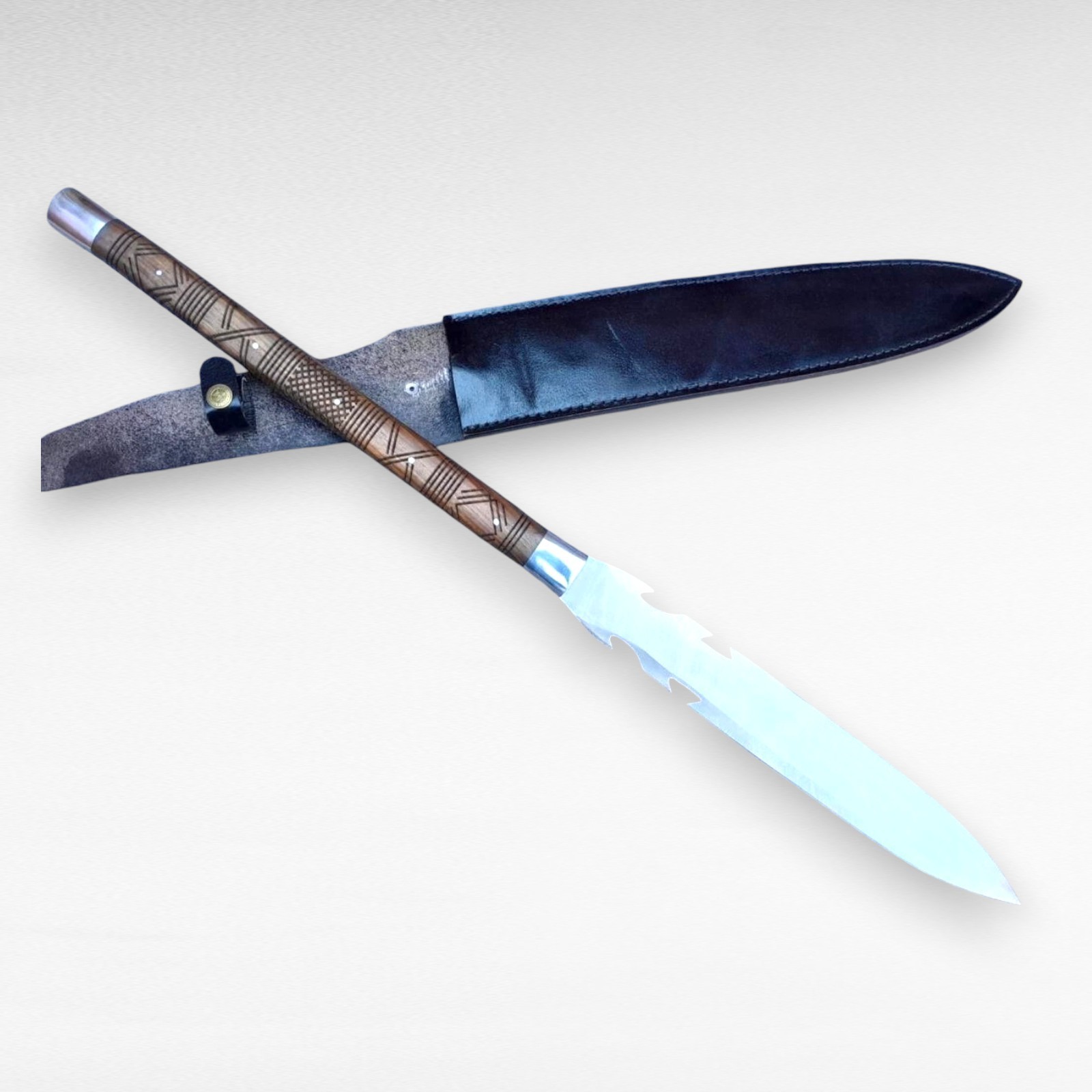Hand Forged Viking Spear D2 Steel Hunting Blade Carved Rosewood Short Seax Knife