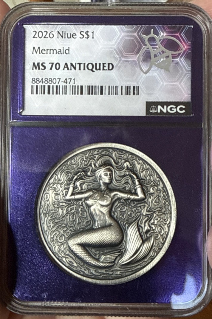 2026 Niue $1 Mermaid NGC MS 70 Antiqued 1 oz Fine Silver Coin 2026 Niue $1 Mermaid NGC MS 70 Antiqued 1 oz Fine Silver Coin