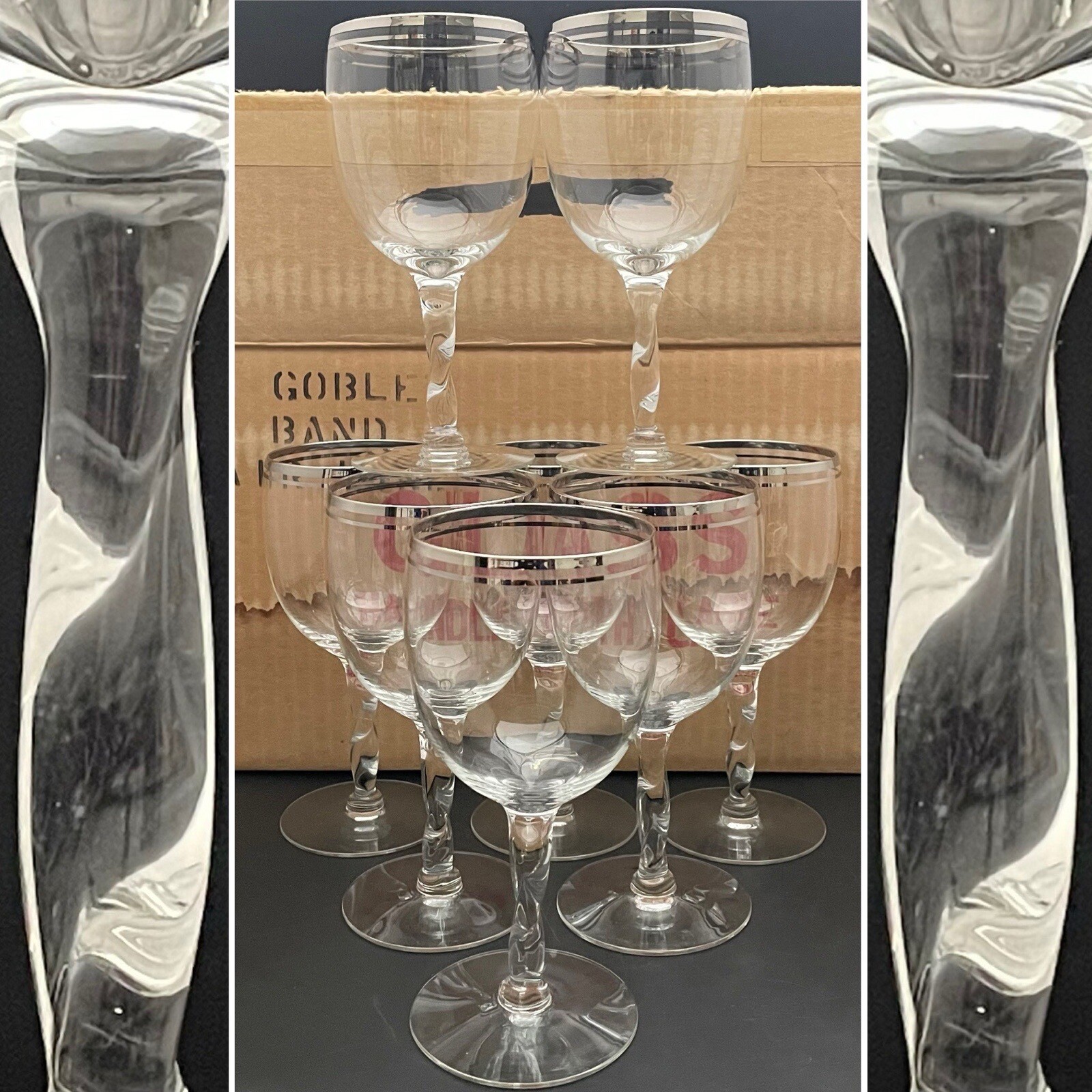 Mikasa Rare NOS Platinum Band Wine Goblets 1949 8pc Set c1970s Europe 6