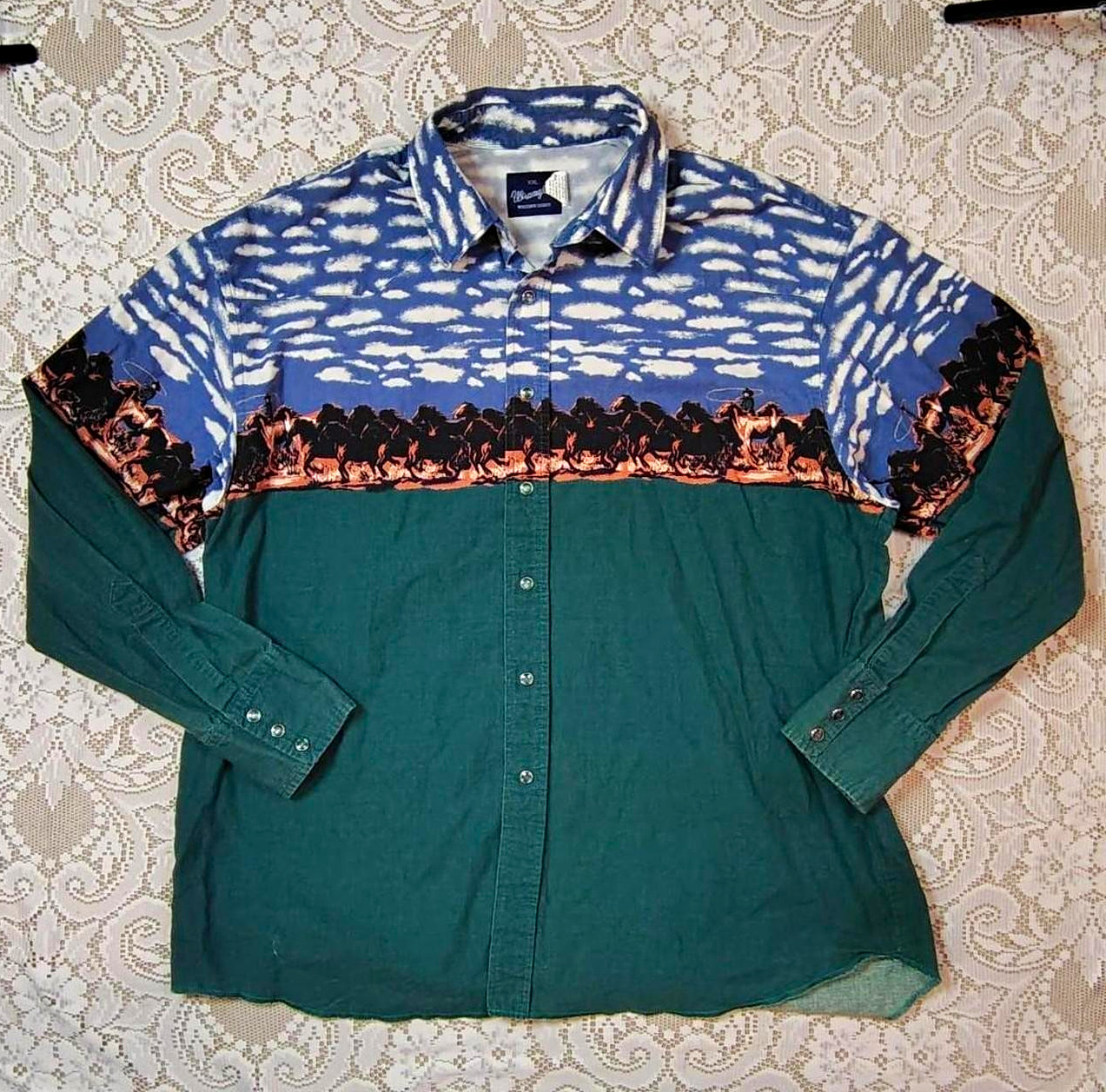 Wrangler Men’s Western Shirt 2XL Blue/Green Cowboy Print Long Sleeve Pearlsnap