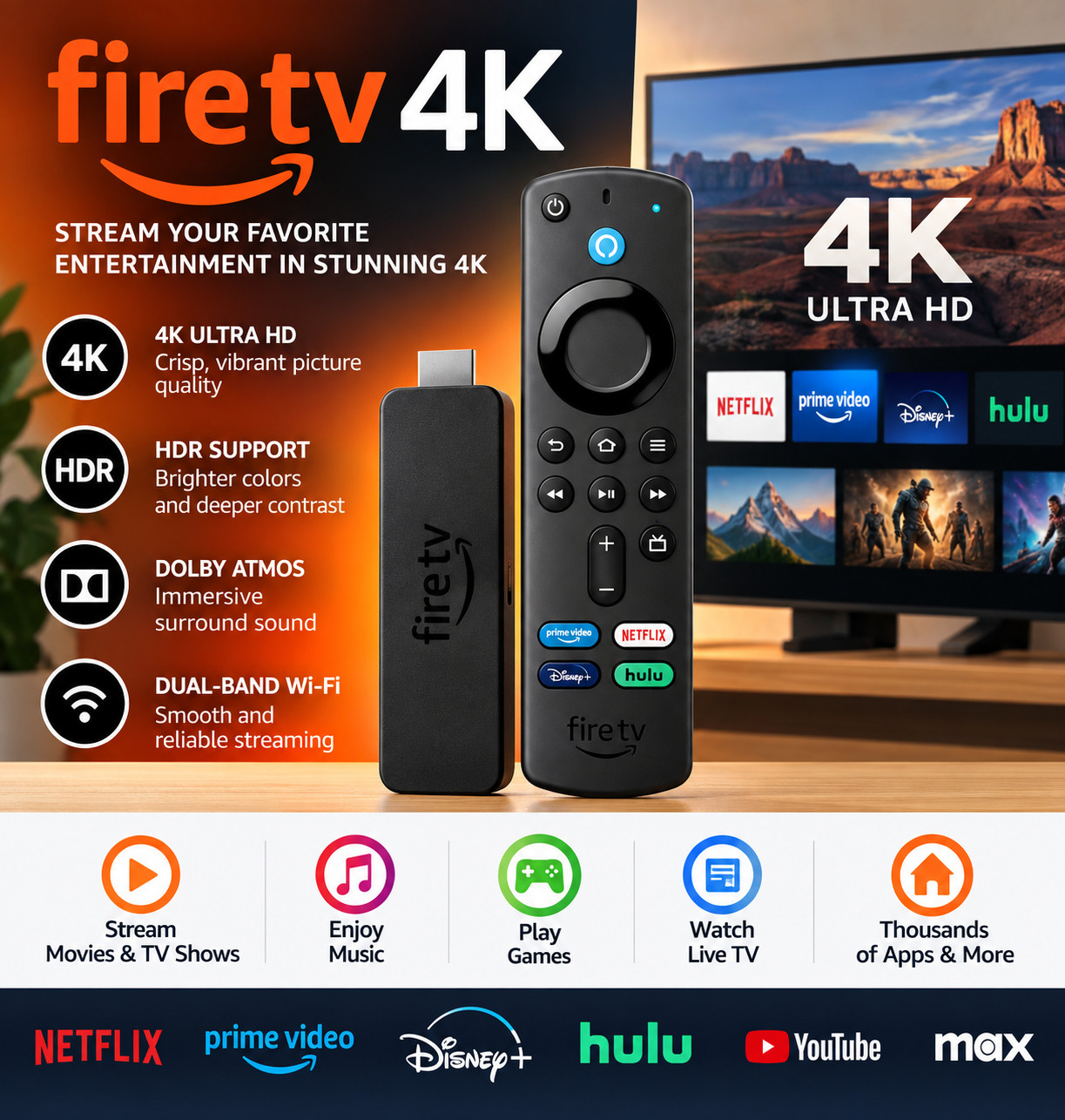 NEW Amazon Fire TV Stick 4K Streaming Media Player w/ Alexa Voice Remote + WiFi