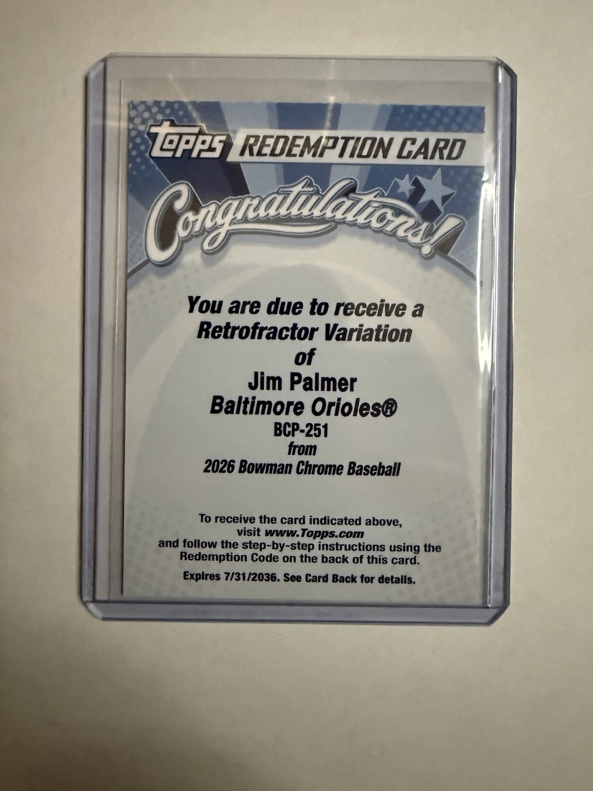 2026 Bowman Chrome Retrofractor Variation Jim Palmer Redemption SSP