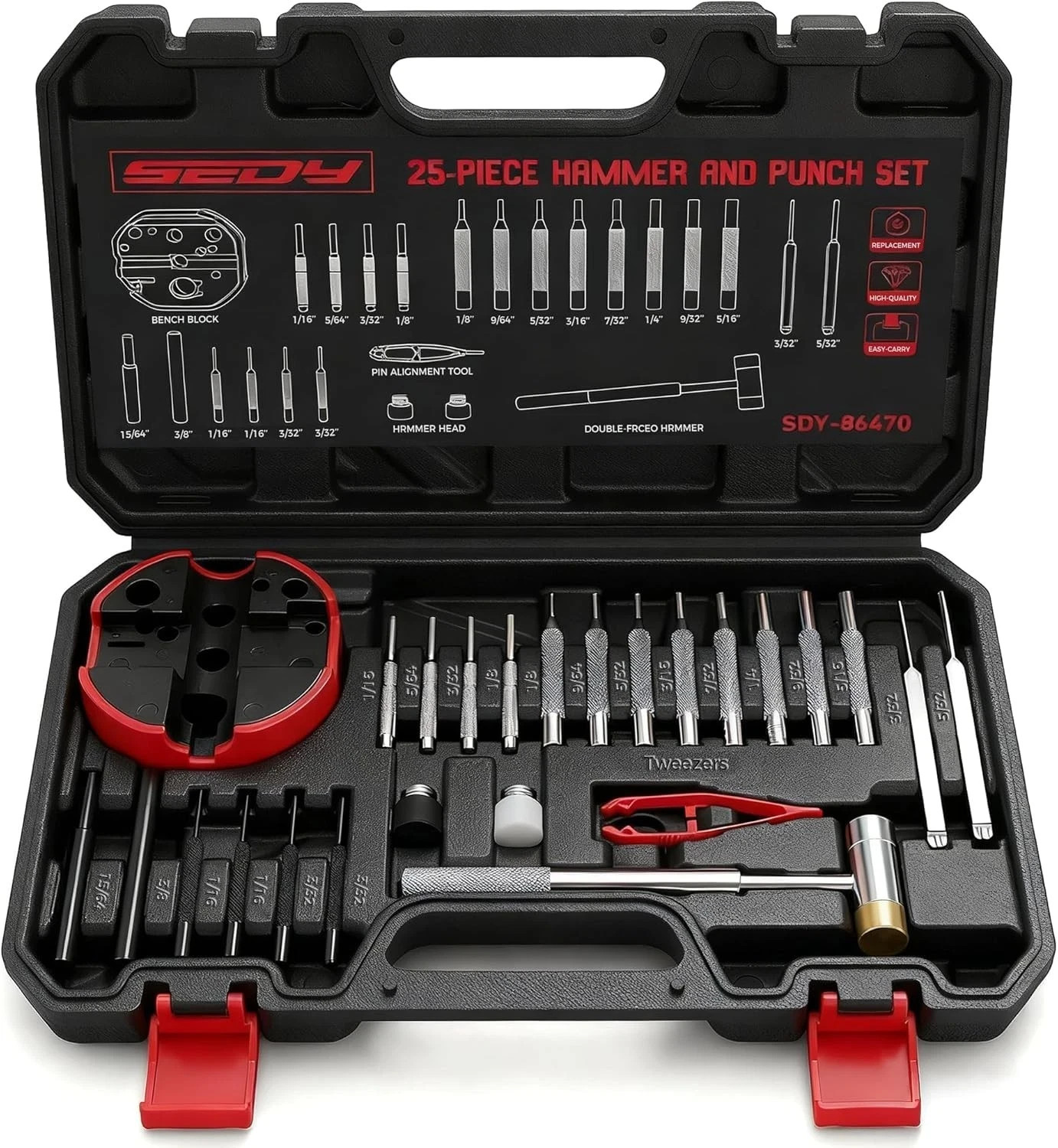 Premium Pin Punch Hammer Set: 25 Piece Punch Set and Hammer with Bench Block