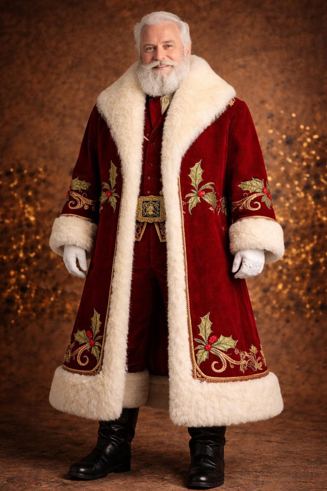 Luxury Santa Claus Suit Red Velvet Christmas Costume Hat Leather Belt Set
