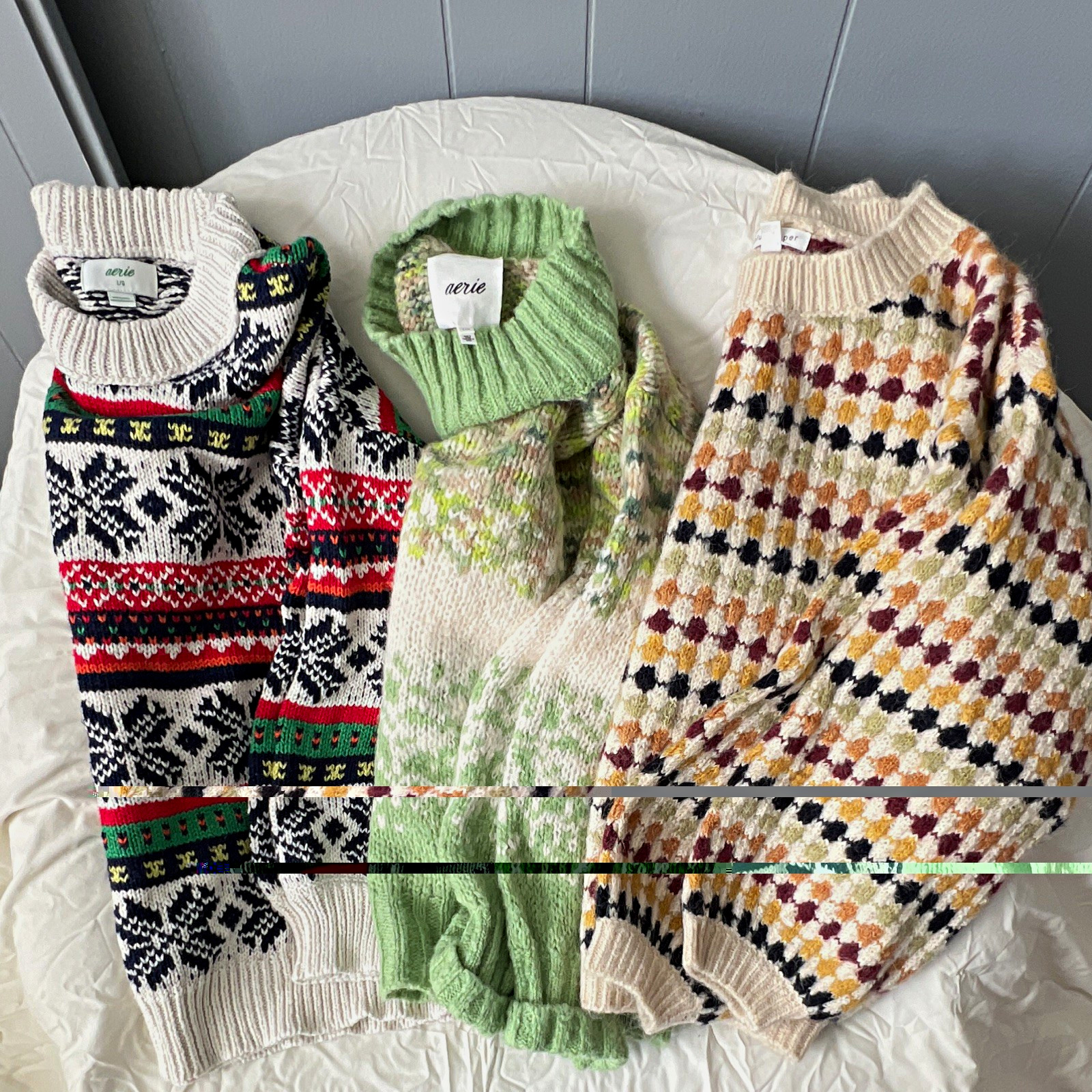 Lot of 3 Aerie Women\'s L Fair Isle  Pullover Sweater Crew Neck Multicolor
