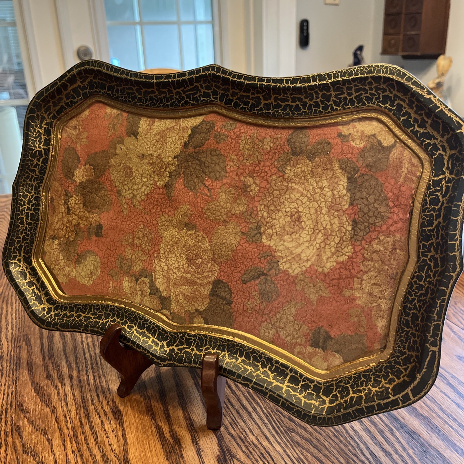 Vtg Italian Florentine Wood Tray 15.25”x9.5” Crackle Finish Cabbage Roses Red/Gr Vtg Italian Florentine Wood Tray 15.25”x9.5” Crackle Finish Cabbage Roses Red/Gr