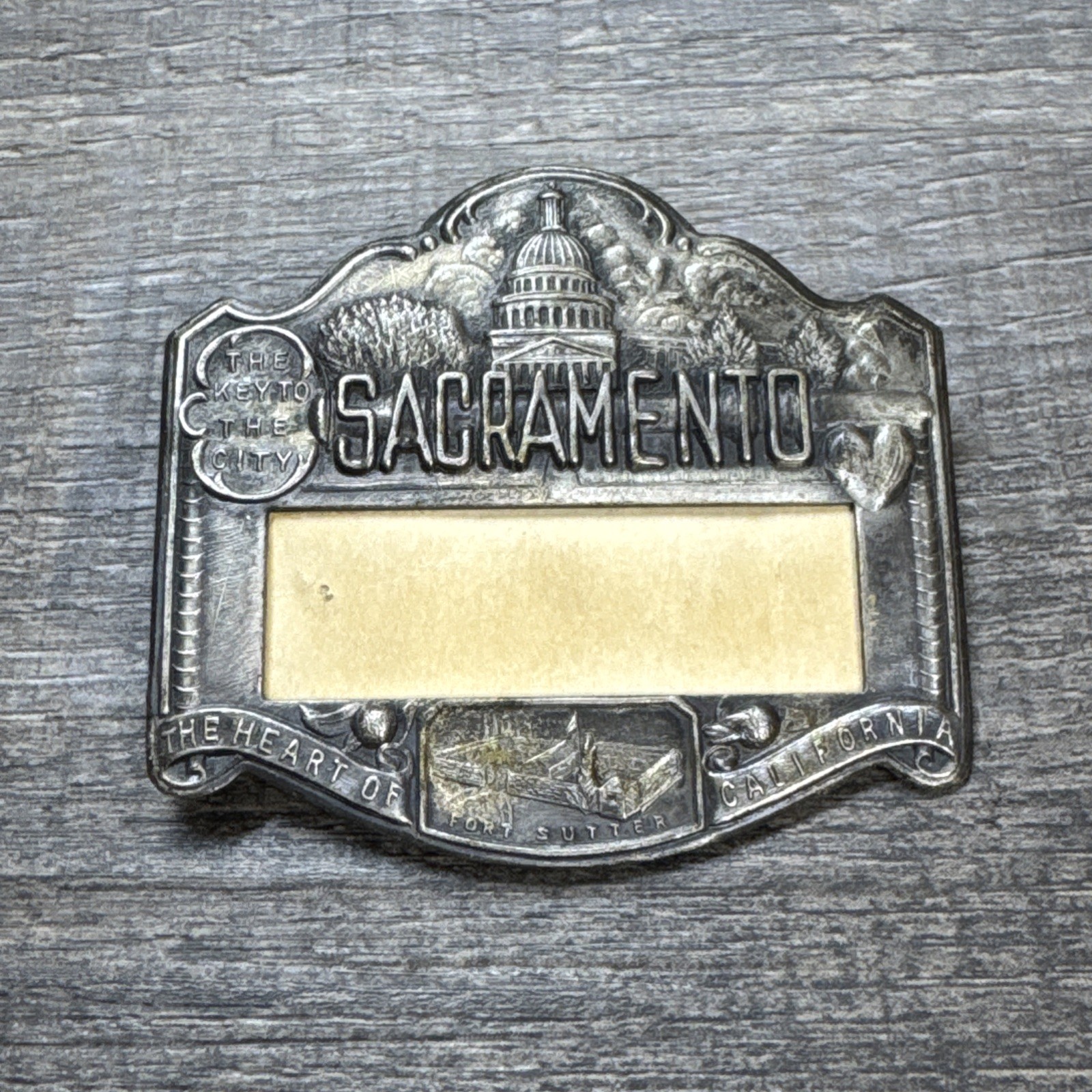 Antique Sutters Fort Gold Rush Miner Mining Metal Arts Unused Badge Sacramento