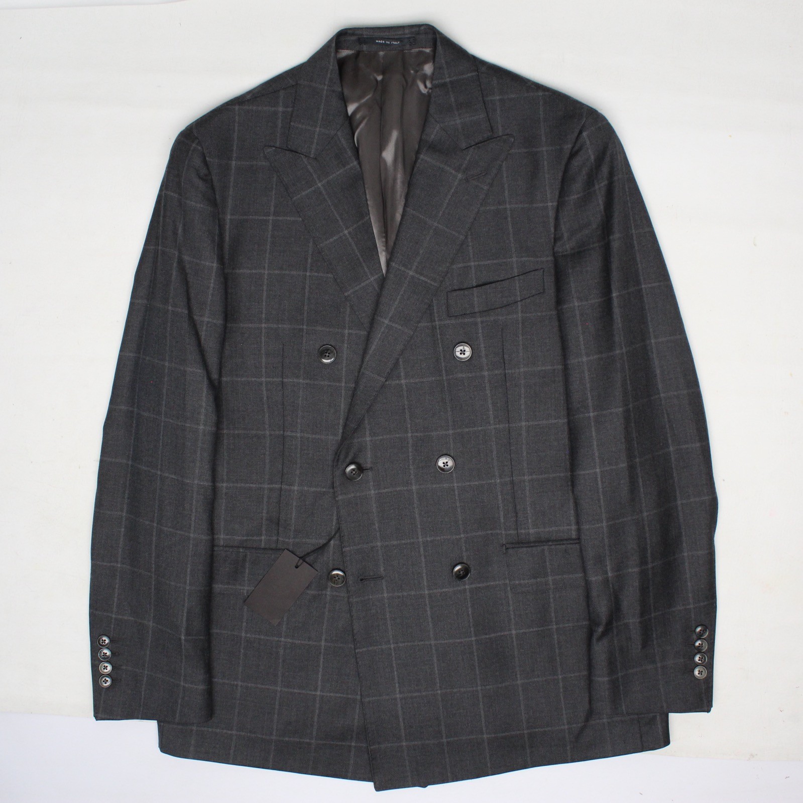 Luigi Bianchi Double Breasted Suit Mens 40R 35x33 Gray Windowpane Plaid Wool