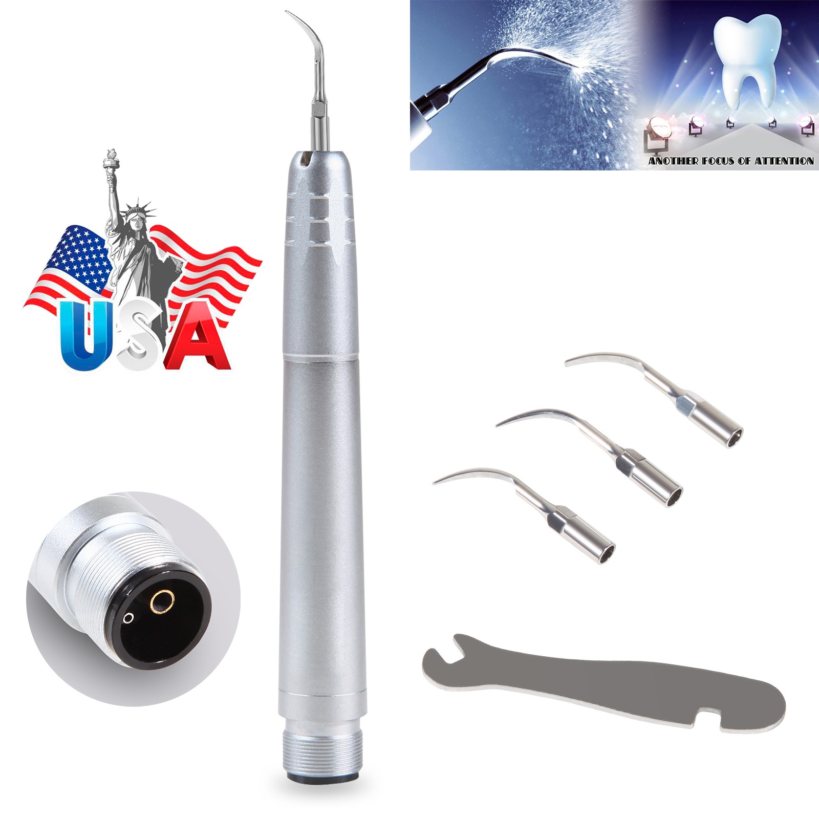 USA Dental Ultrasonic Air Perio Scaler Handpiece Hygienist 2 & 4-Holes 3 Tips CE
