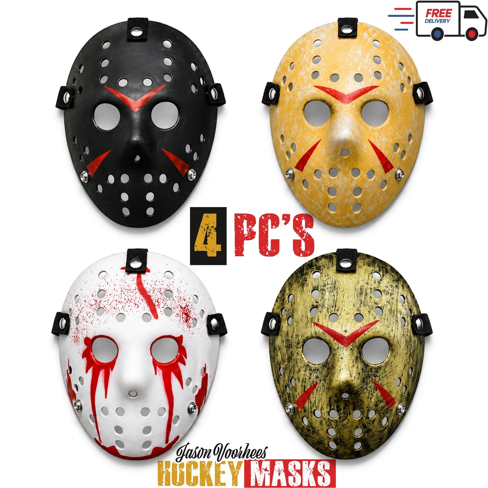 Jason Voorhees Mask All-In-One 4 Pack Masks Friday the 13th Hockey Halloween Set