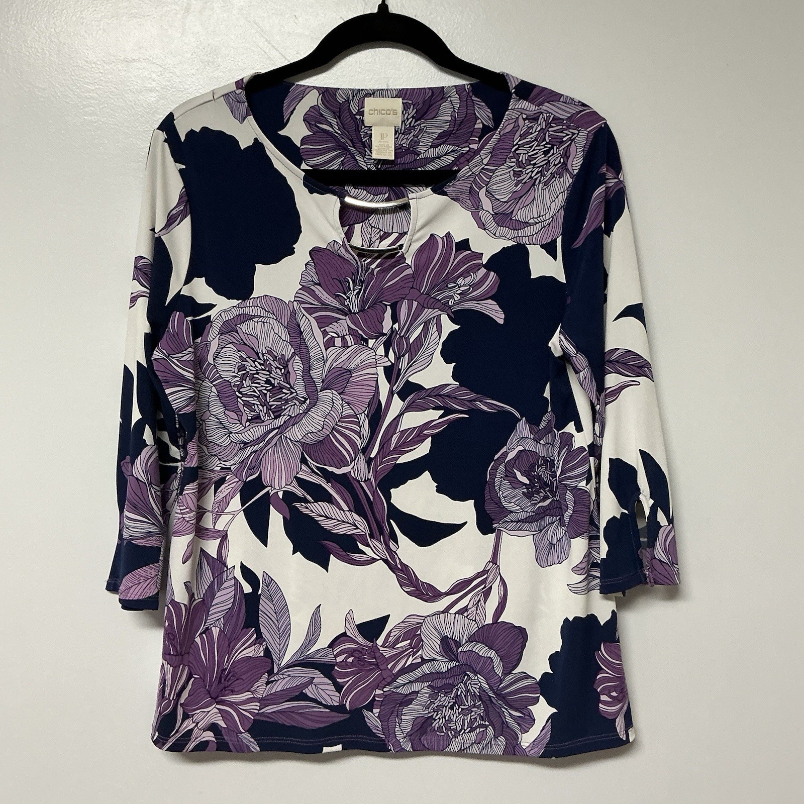 Chico\'s Women\'s Floral 3/4 Sleeve Polyester Spandex Blouse Size 1P Preppy Mature