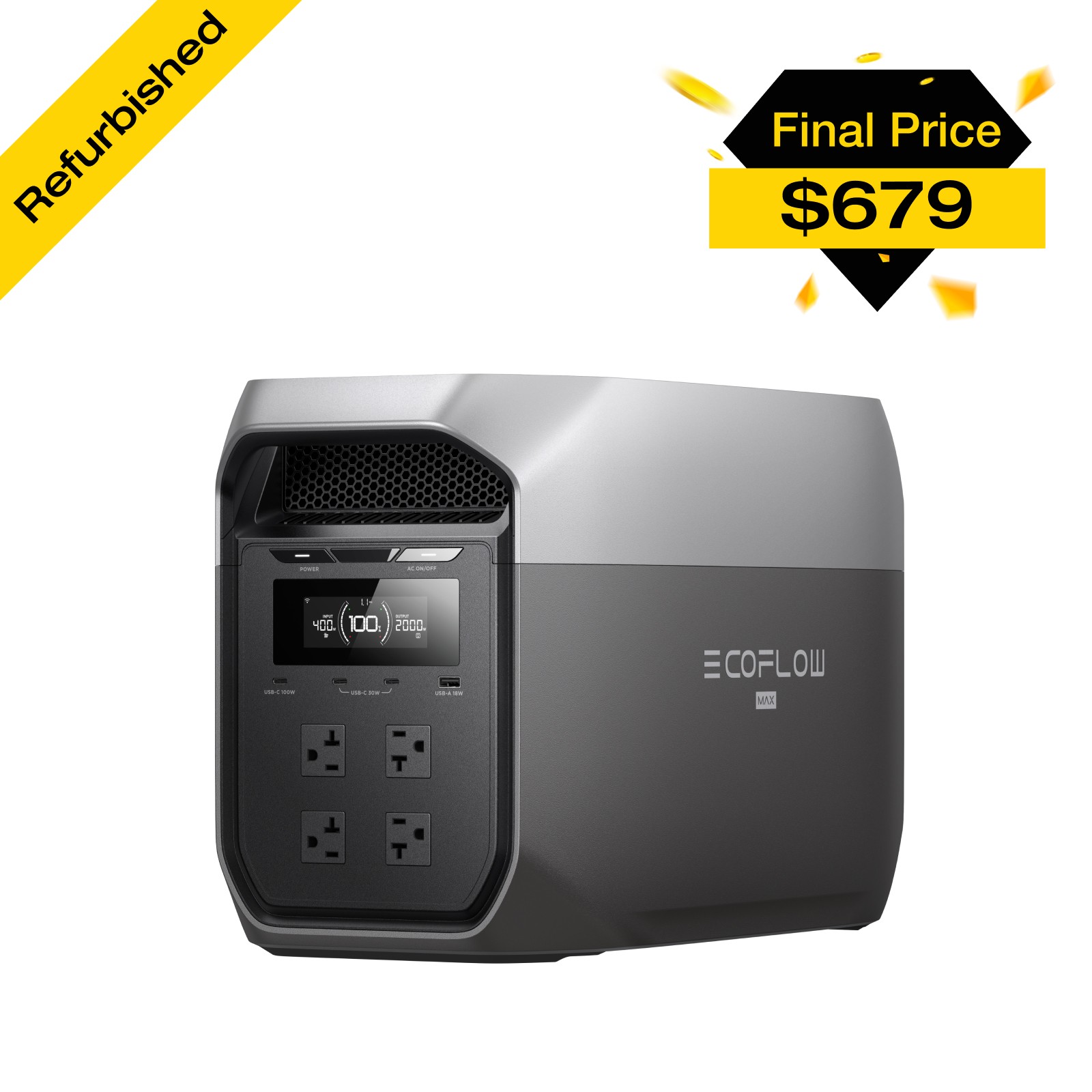 EcoFlow 2048Wh 2400W LFP Portable DELTA 3 Max Power Station Backup Refurbished