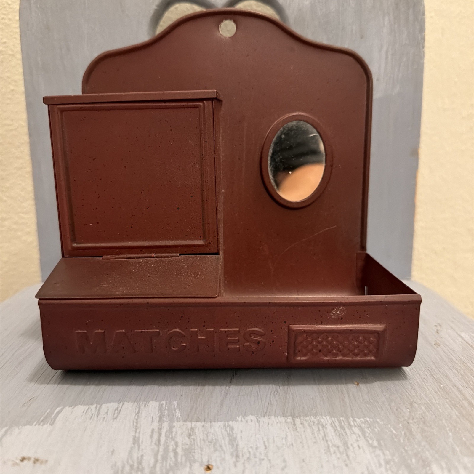 Vintage Metal Wall Mount Match Holder Burgundy Oval Mirror And Lower Tray