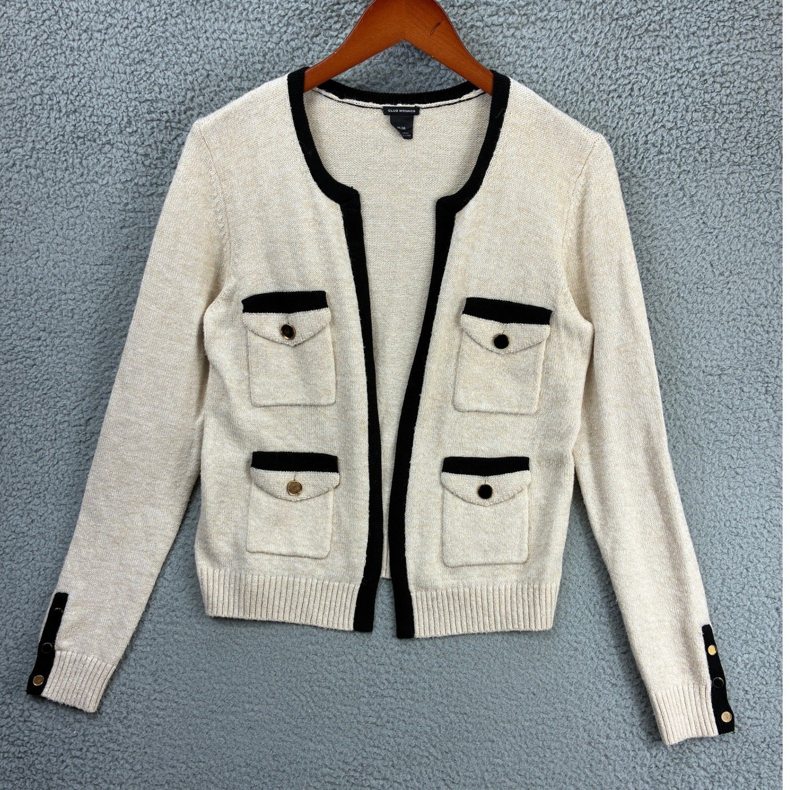 Club Monaco Contrast Trim Cardigan Sweater Womens M Cream Black Knit Lady