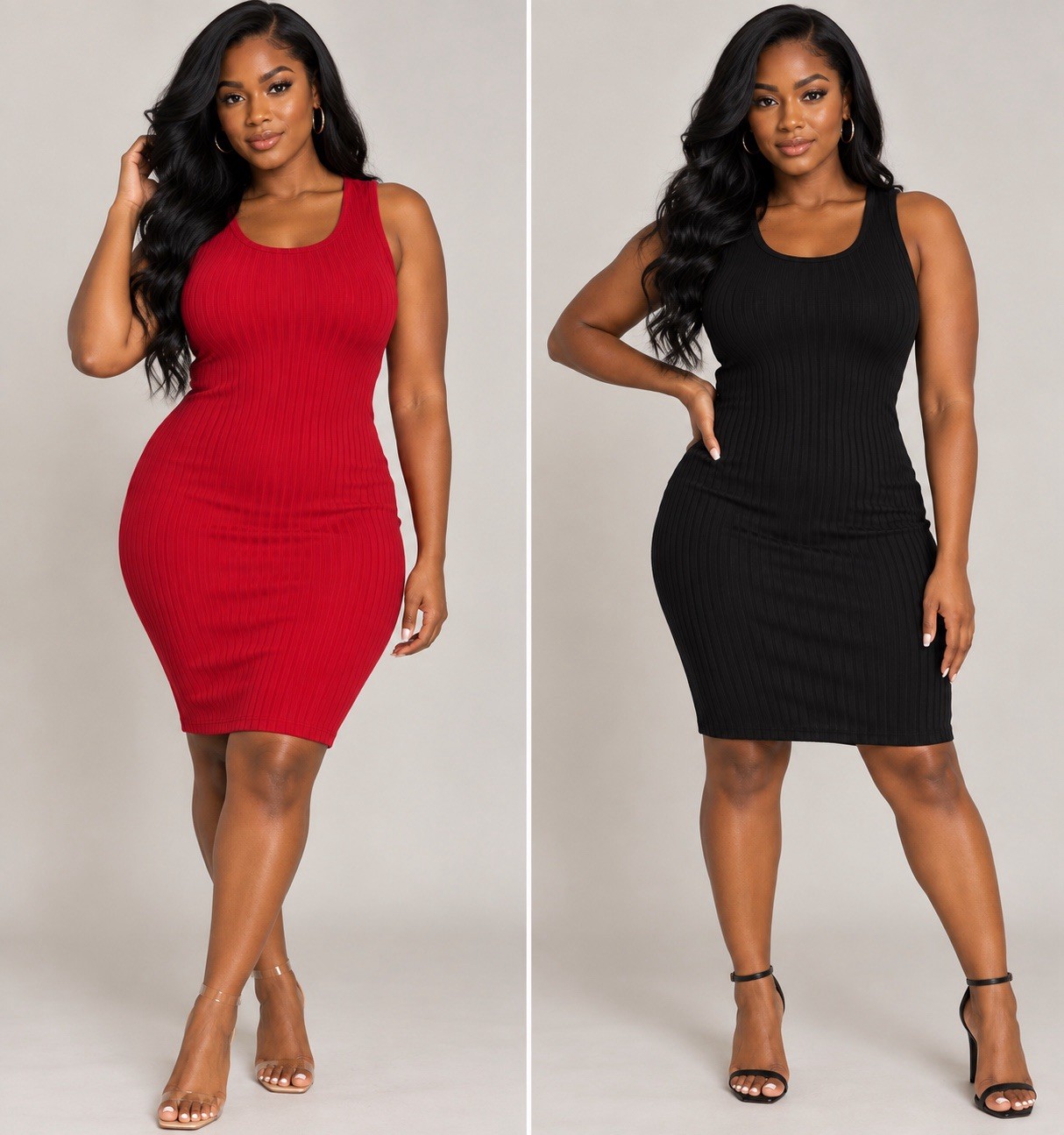 SHEIN Women’s L Ribbed Tank Dresses Black Red Knee Length Bodycon 2 Piece Lot