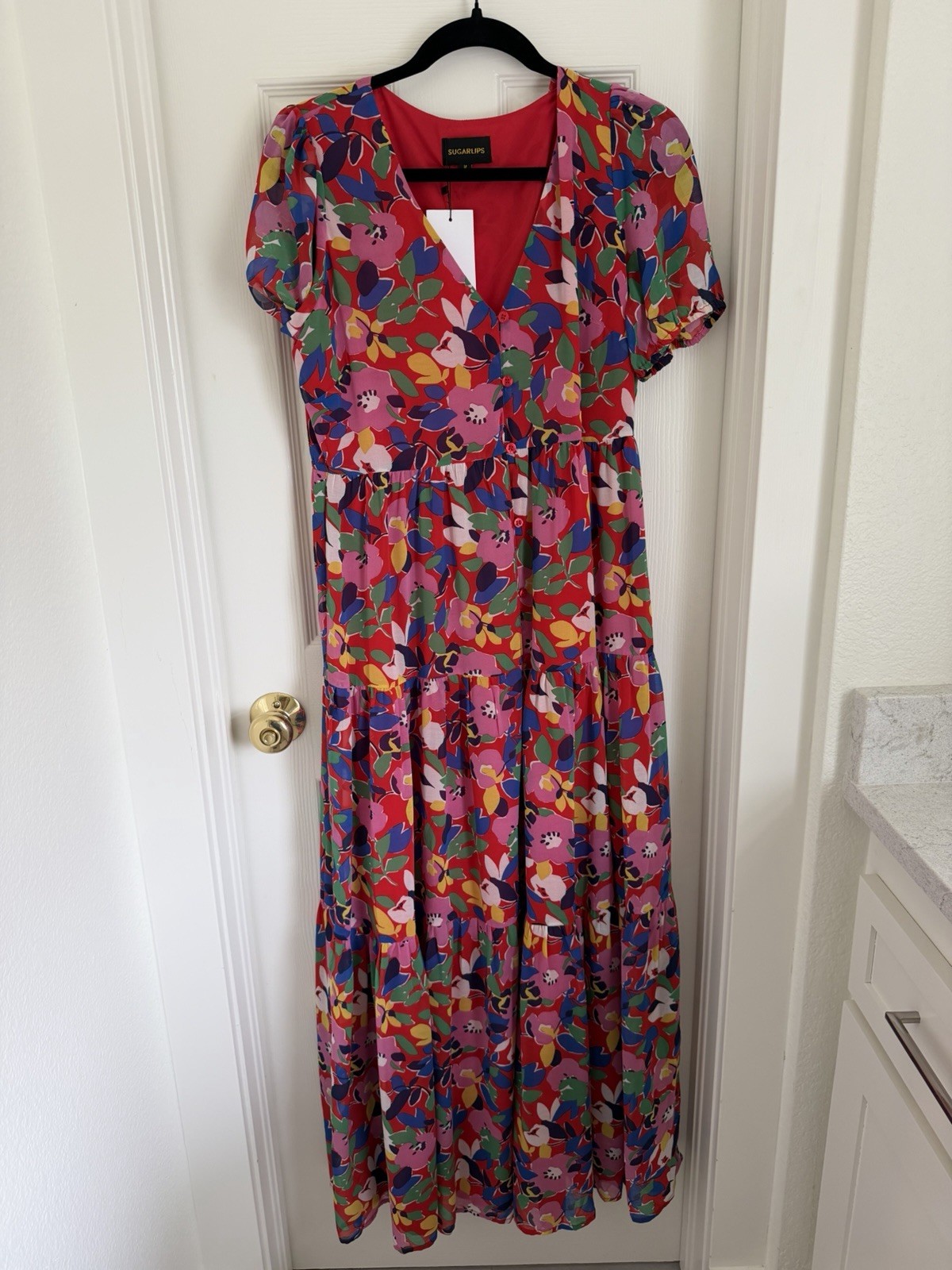Sugarlips Camden Floral Maxi Dress M Red Multicolor Puff Sleeve NWT