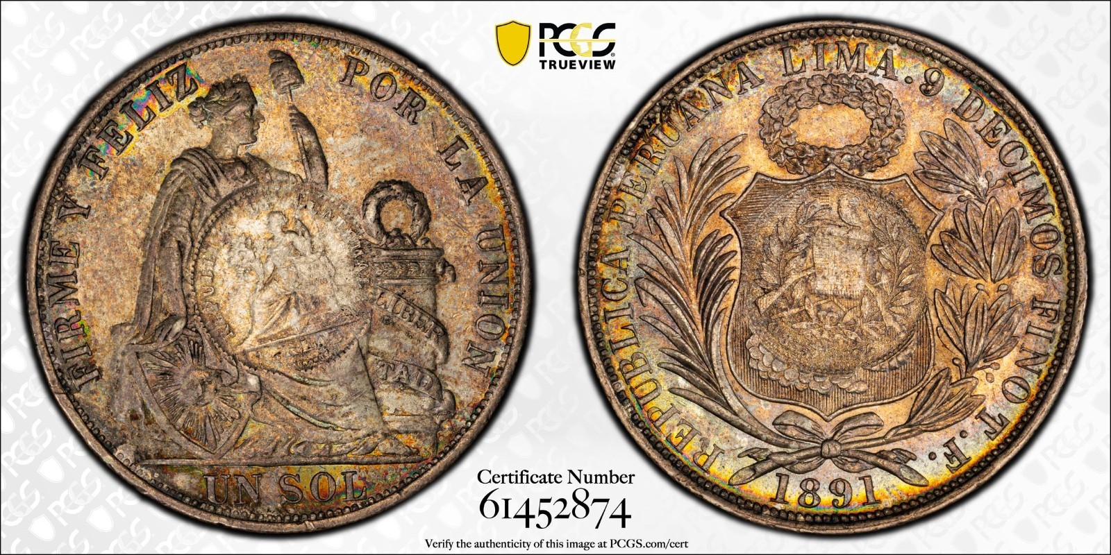 1894 Guatemala Peso C/S on 1891 Peru Sol  PCGS AU 58  PQ++ w/ Superb Eye Appeal