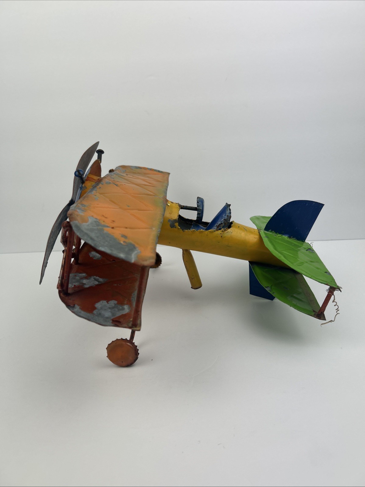 Vintage Metal Folk Art Biplane Airplane Sculpture Handmade Scrap Rustic 11