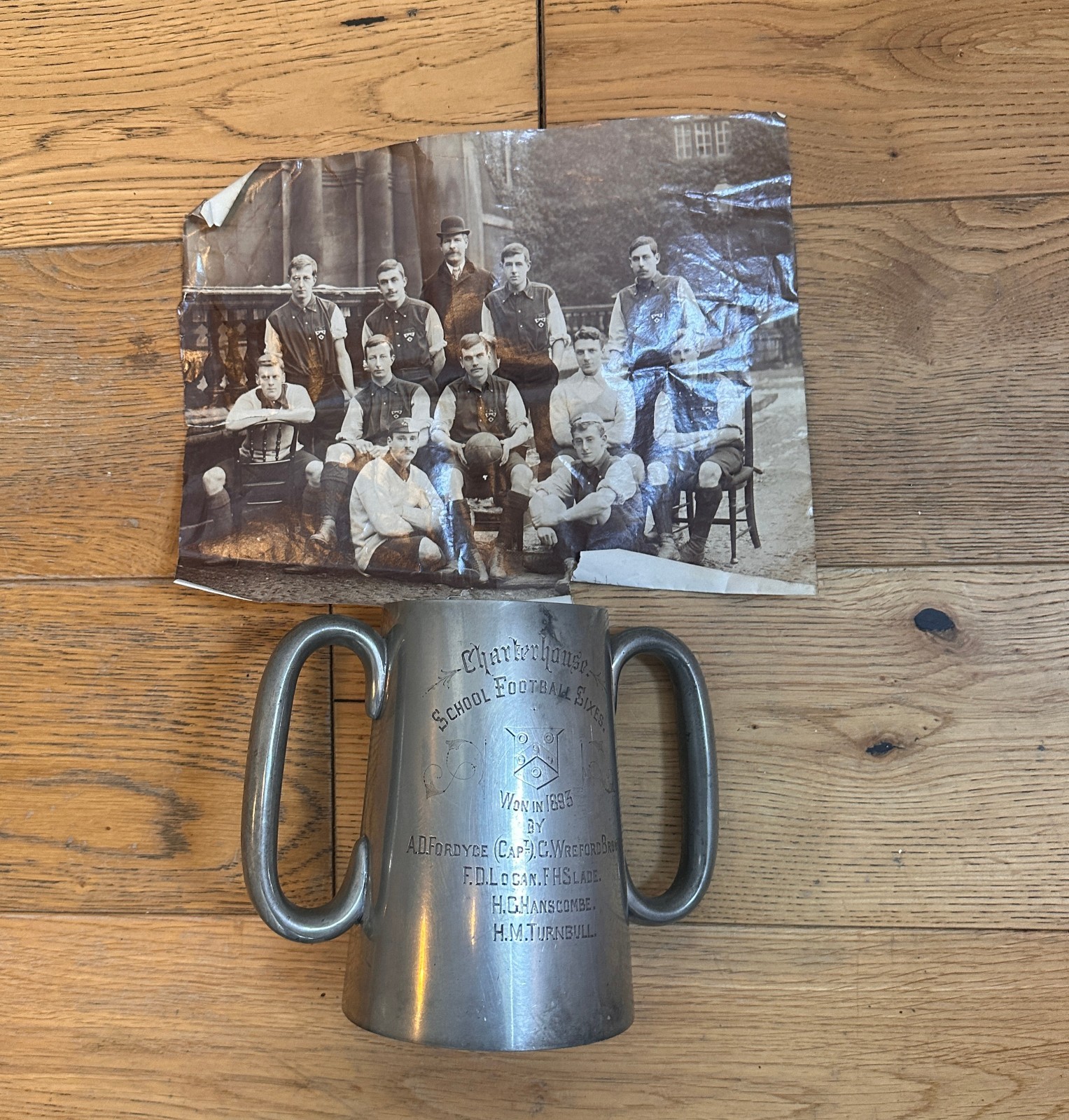 Antique Charterhouse School Football Sixes winners Trophy Pewter Tankard 1893