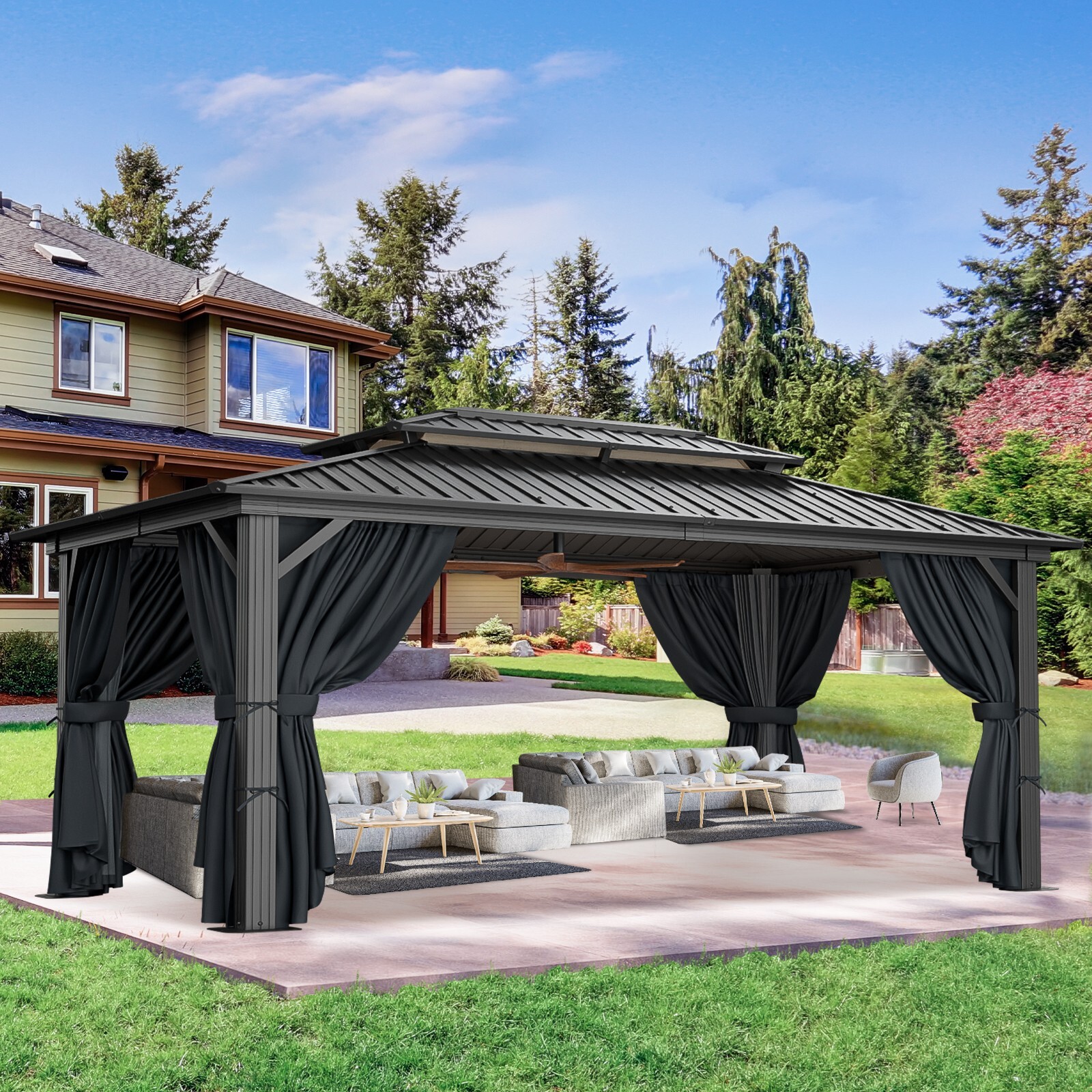 10x15ft Hardtop Gazebo Outdoor Aluminum Hot Tub Gazebo with Curtains & Netting