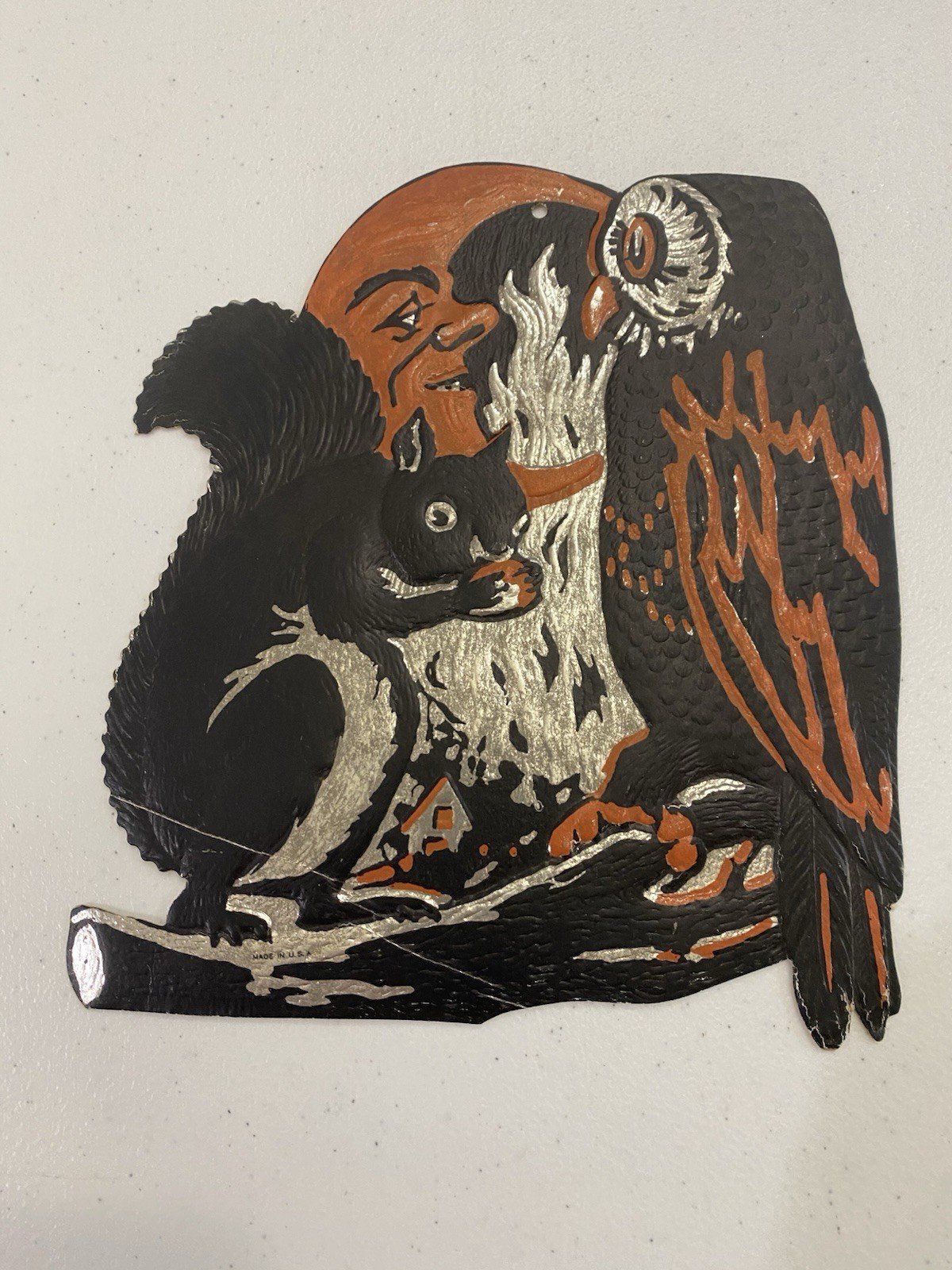 Vintage Beistle Diecut Owl Squirrel Moon Silver Foil Black Orange 1932