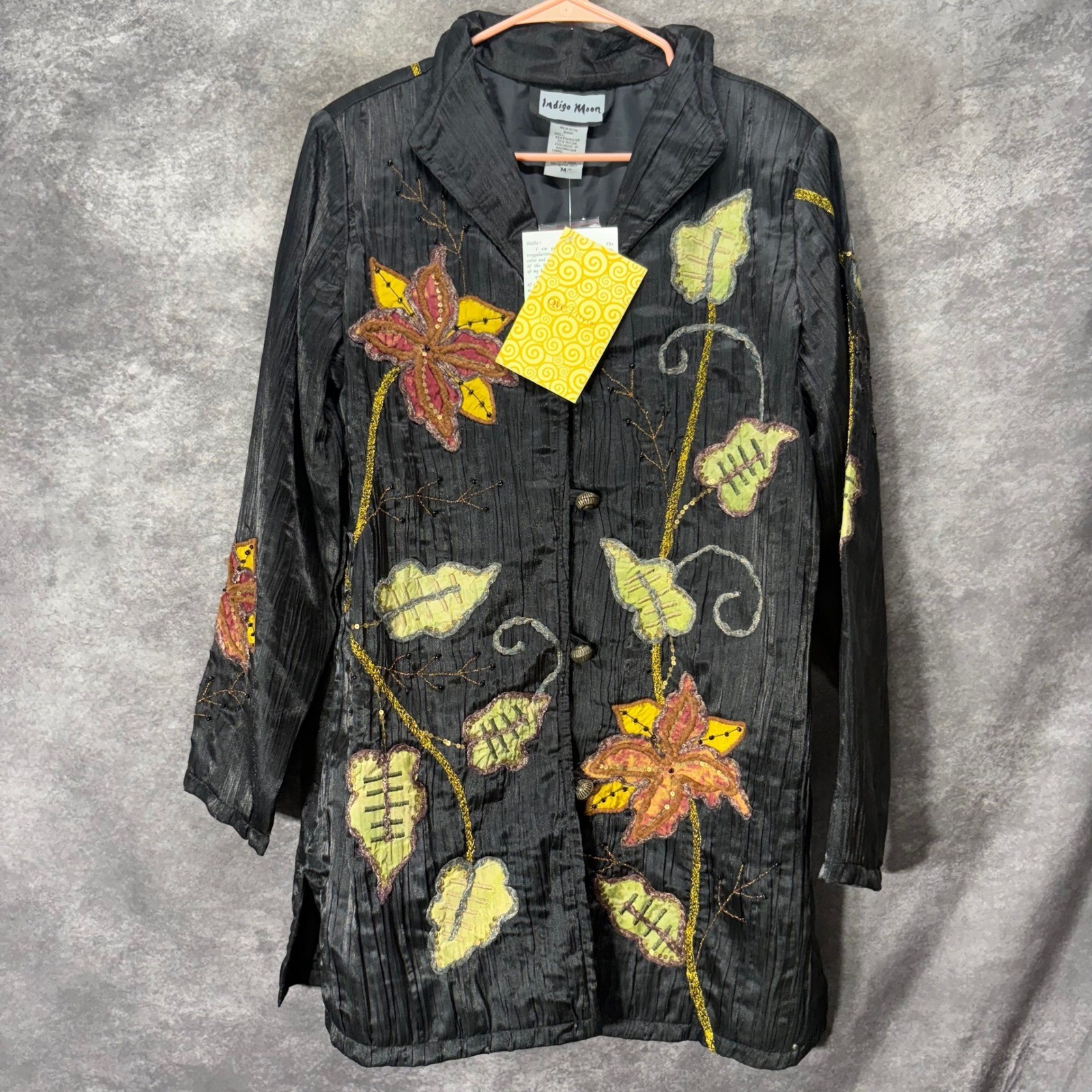 Indigo Moon Embroidered Beaded Floral Long Jacket Size M Black Art to Wear Boho