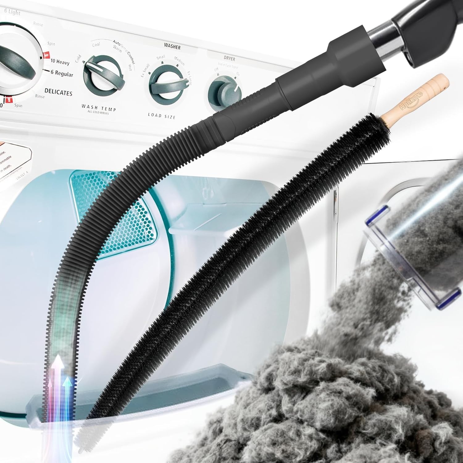 2-Piece Dryer Vent Cleaner Kit: Lint Vacuum Attachment & Flexible Brush, Black