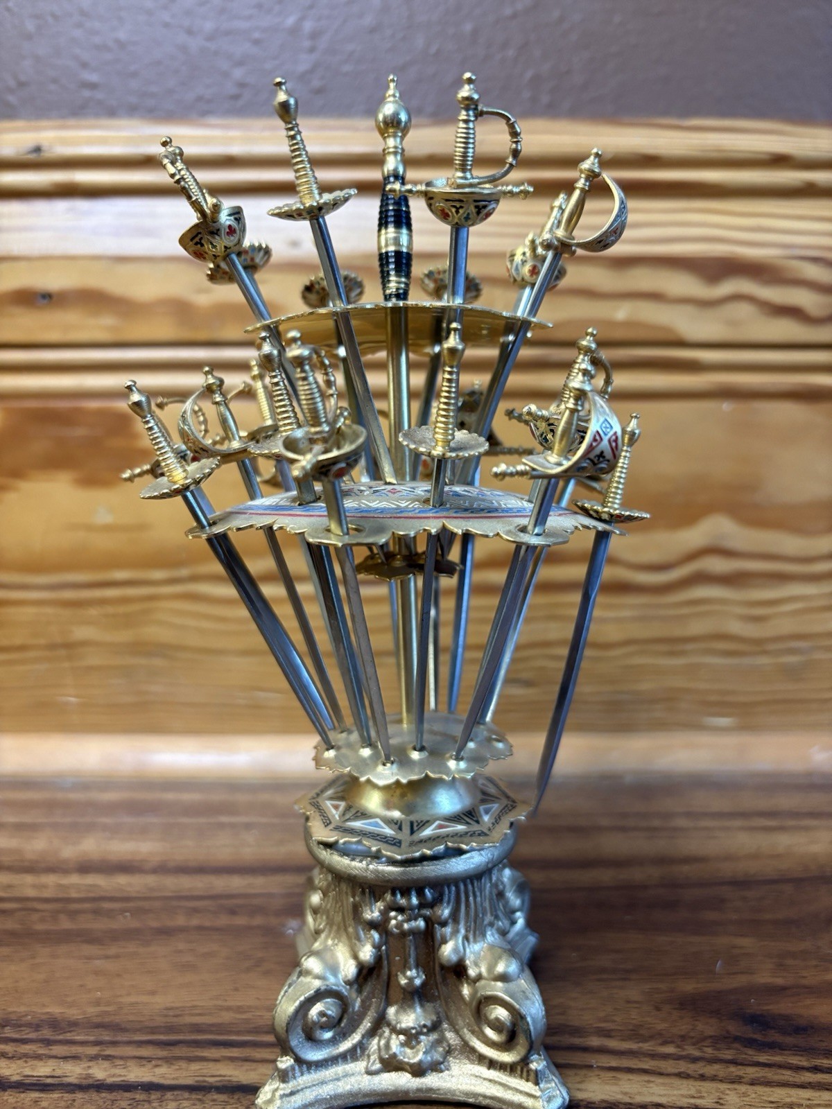 Vintage Toledo Spain brass & enamel 24 Sword Cocktail Appetizer Picks w/stand Vintage Toledo Spain brass & enamel 24 Sword Cocktail Appetizer Picks w/stand