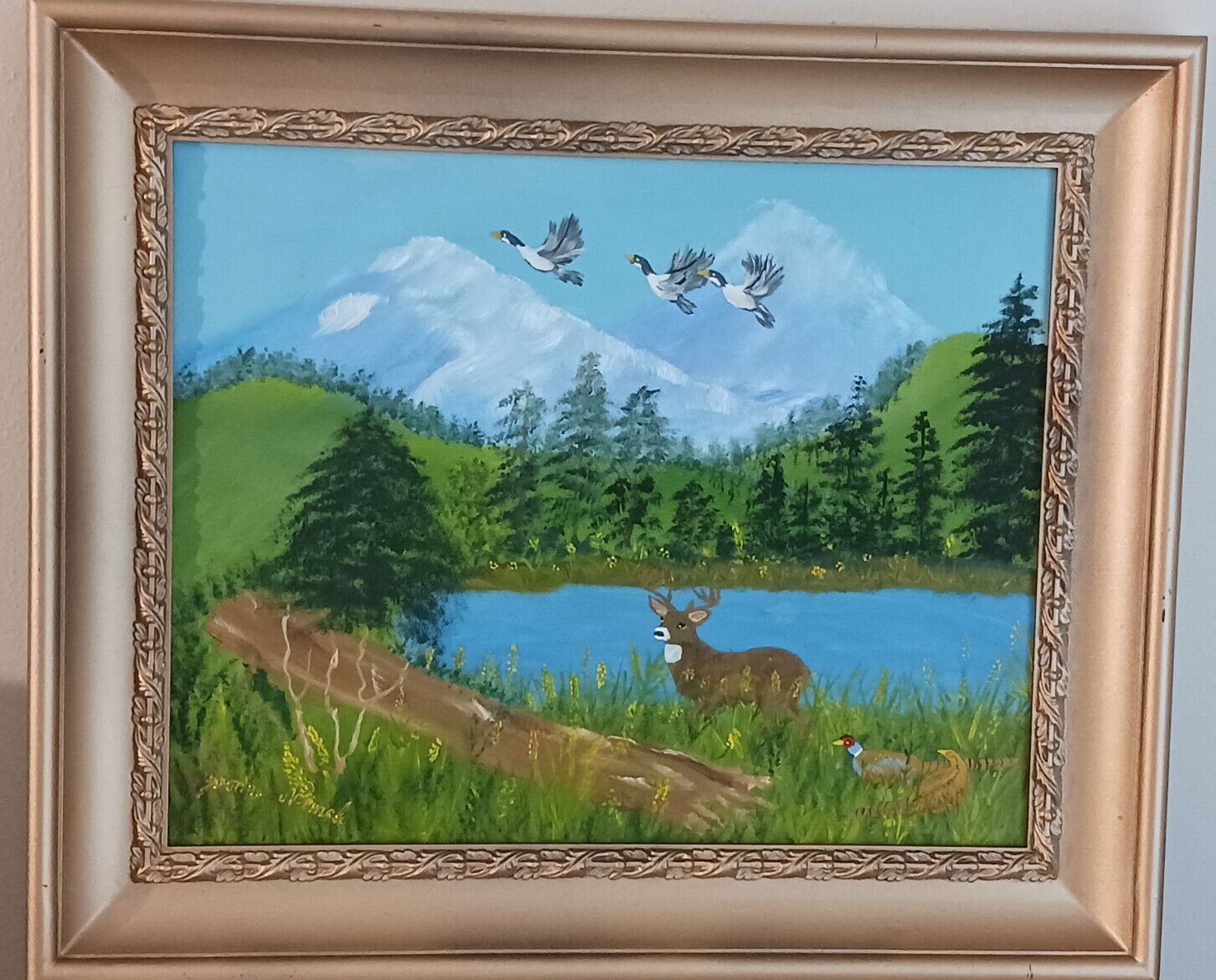 Vintage oil painting folk art nature deer geese lake signed lower left Charming