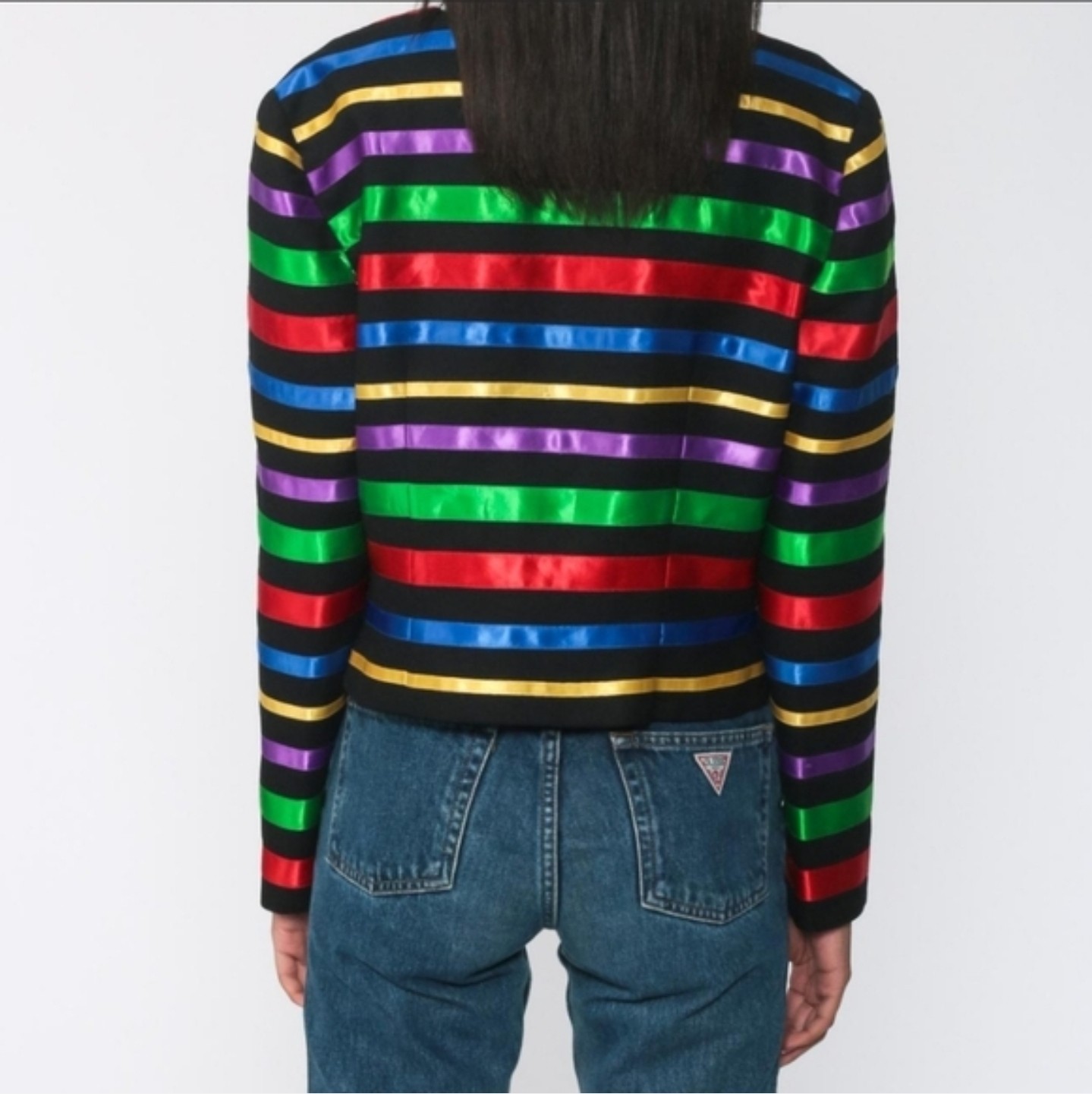 Maggy London Vintage 90s Futuristic Rainbow Ribbon Striped Blazer Jacket 8 Maggy London Vintage 90s Futuristic Rainbow Ribbon Striped Blazer Jacket 8