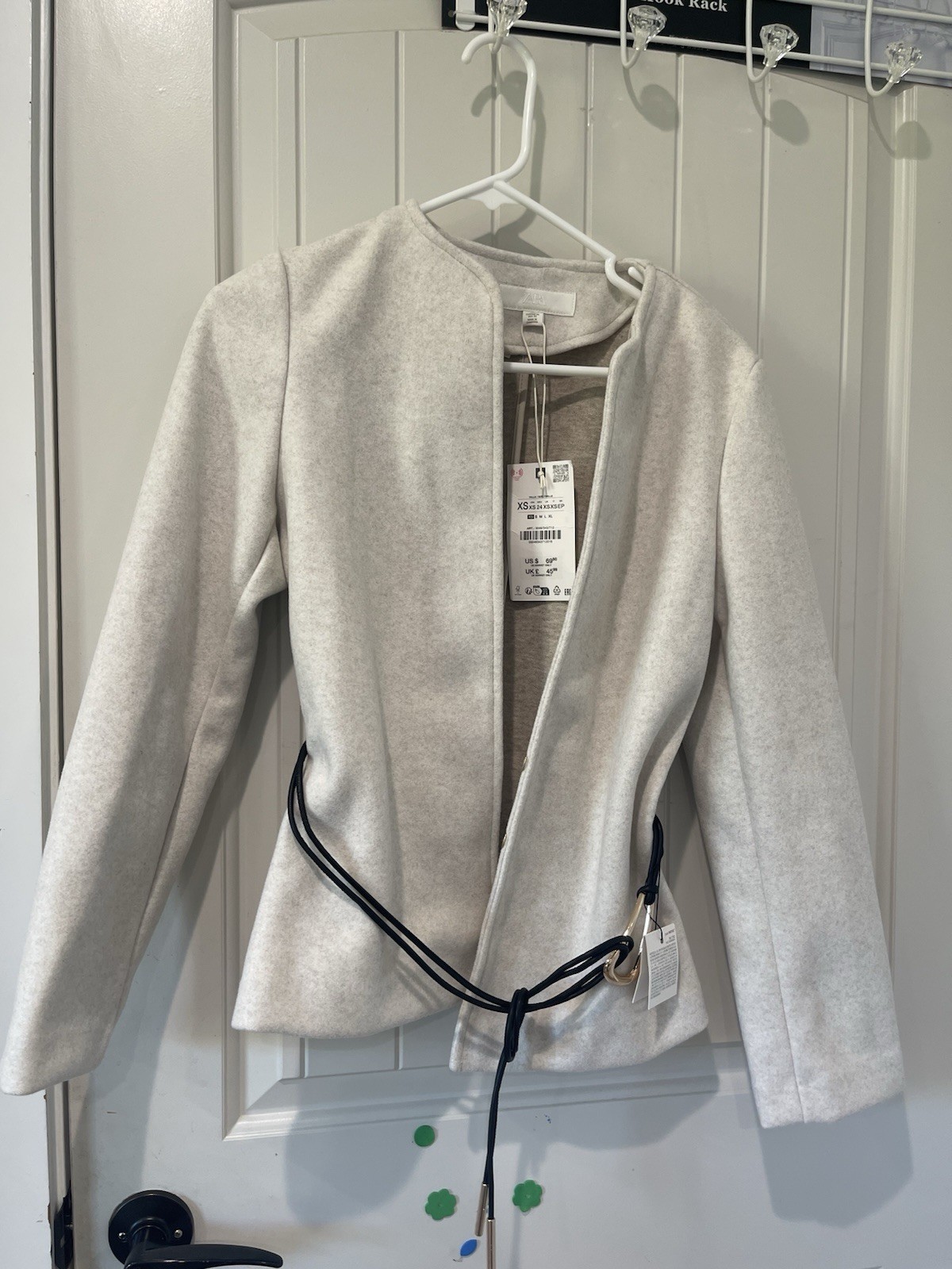 Zara Women’s Beige Felt Belted Wool Blend Short Jacket Long Sleeve XS