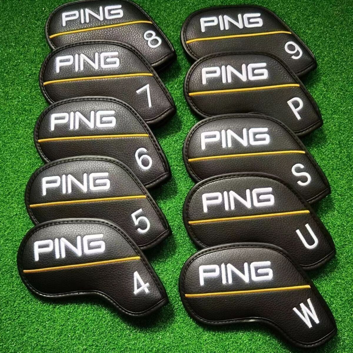 10-Piece Golf Iron Headcovers 4-9 PW US, PING Classic Yellow Line Magnetic New