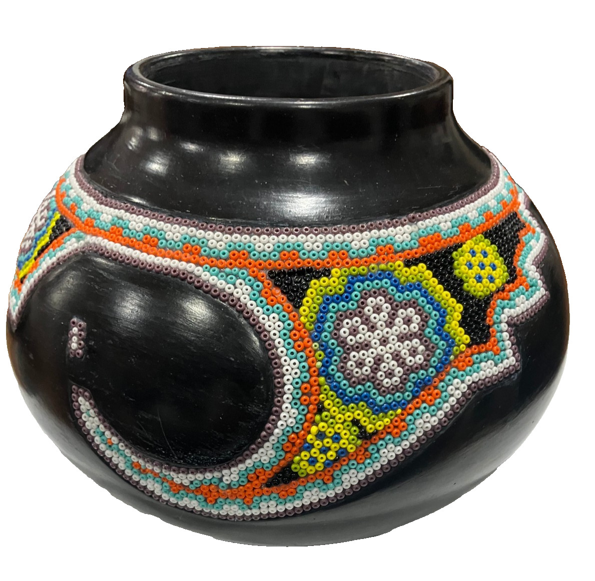 Vintage Huichol Mexican Folk Art Black pottery Glass Seed Beads Wax Conch Shell Vintage Huichol Mexican Folk Art Black pottery Glass Seed Beads Wax Conch Shell
