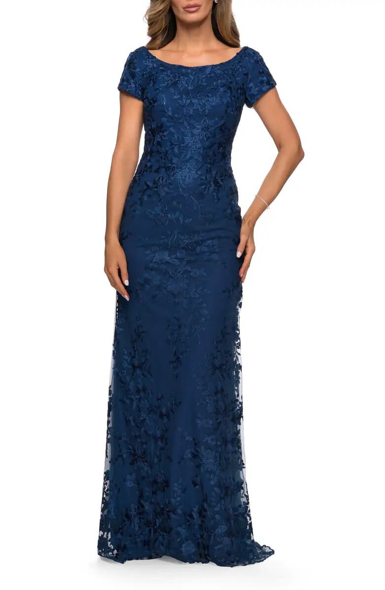 La Femme Navy Blue Shimmer Floral Embroidered A-Line Gown Size 10 $575 La Femme Navy Blue Shimmer Floral Embroidered A-Line Gown Size 10 $575