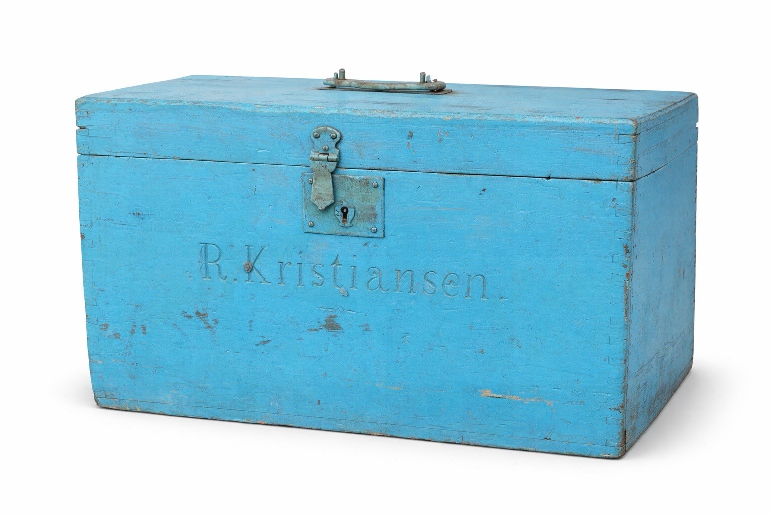 Rare Primitive Wood Trunk Document Box Carpenters Chest Travel Old Blue Paint
