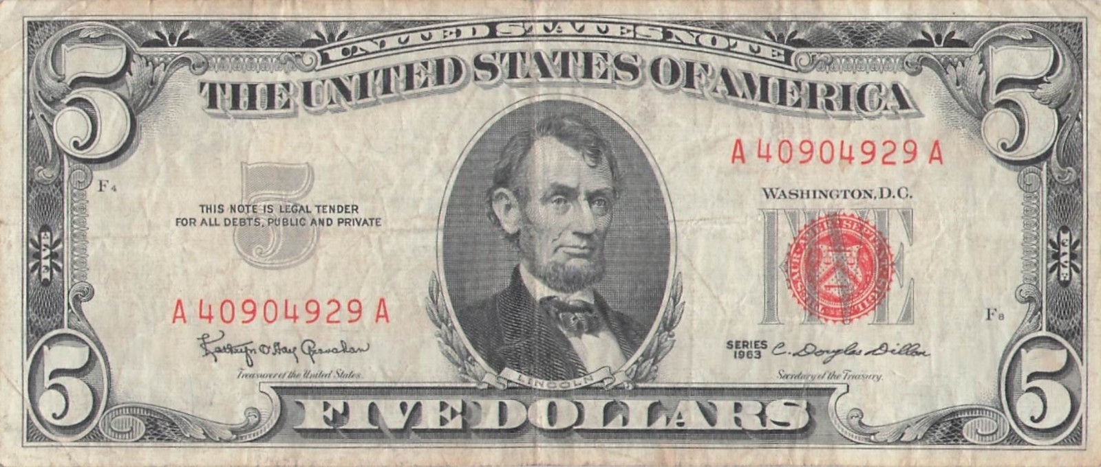 1963 Five Dollar Red Seal Note Old US Bill $5 1963 Five Dollar Red Seal Note Old US Bill $5