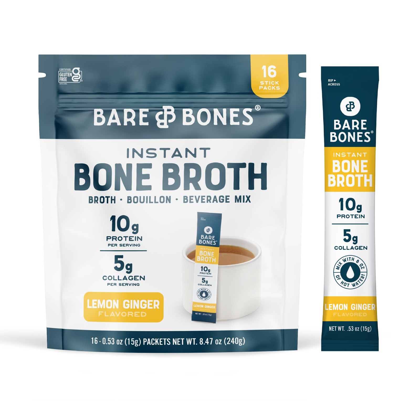 Bare Bones Lemon Ginger Bone Broth Instant Powder Mix Packets 16 Pack Bare Bones Lemon Ginger Bone Broth Instant Powder Mix Packets 16 Pack